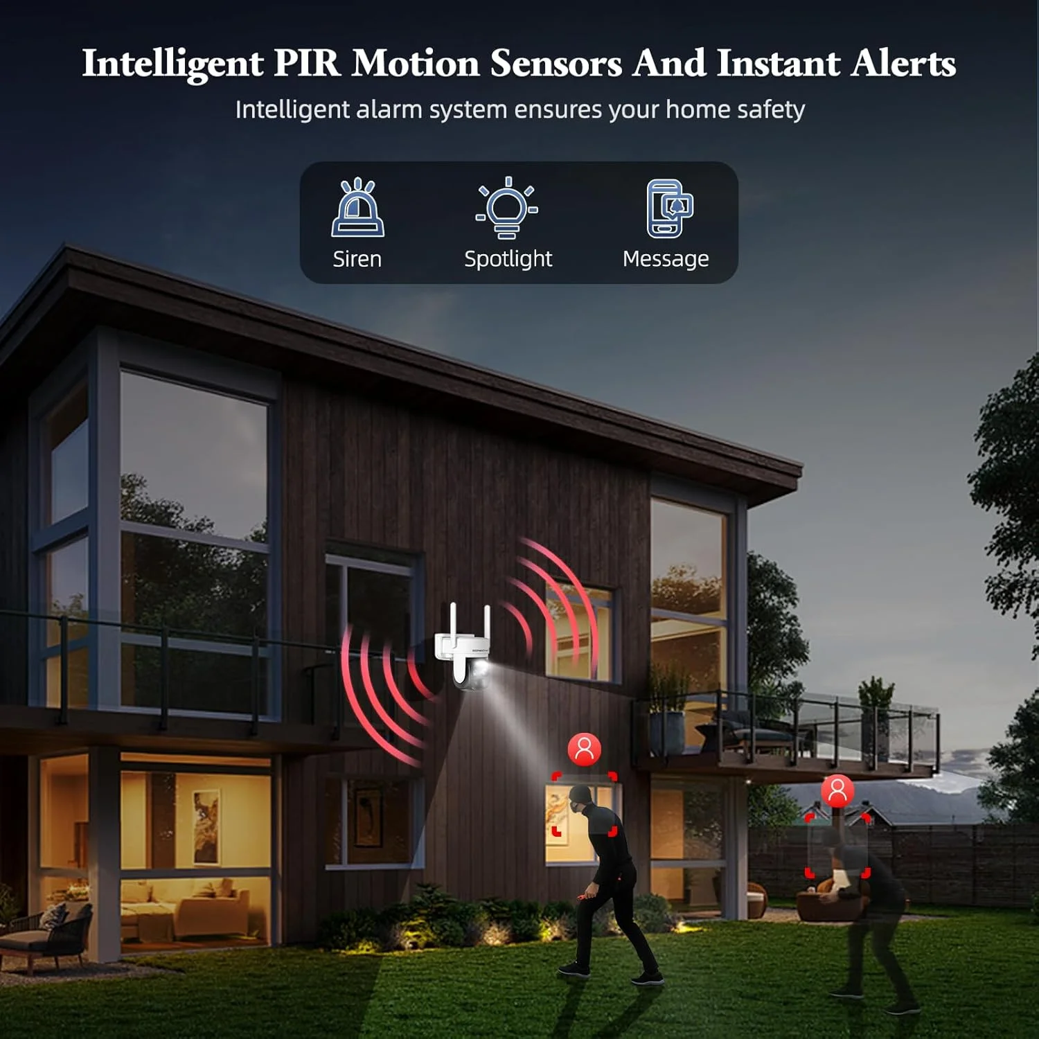 دوربین های امنیتی بی سیم 4K 5Dbi برای فضای باز با زوم 8X، دوربین امنیتی خورشیدی با باتری برای فضای باز، دوربین وای فای PTZ 360 درجه با نورافکن و آژیر، تشخیص حرکت PIR، دید در شب رنگی، 2.4/5 گیگاهرتز، الکسا