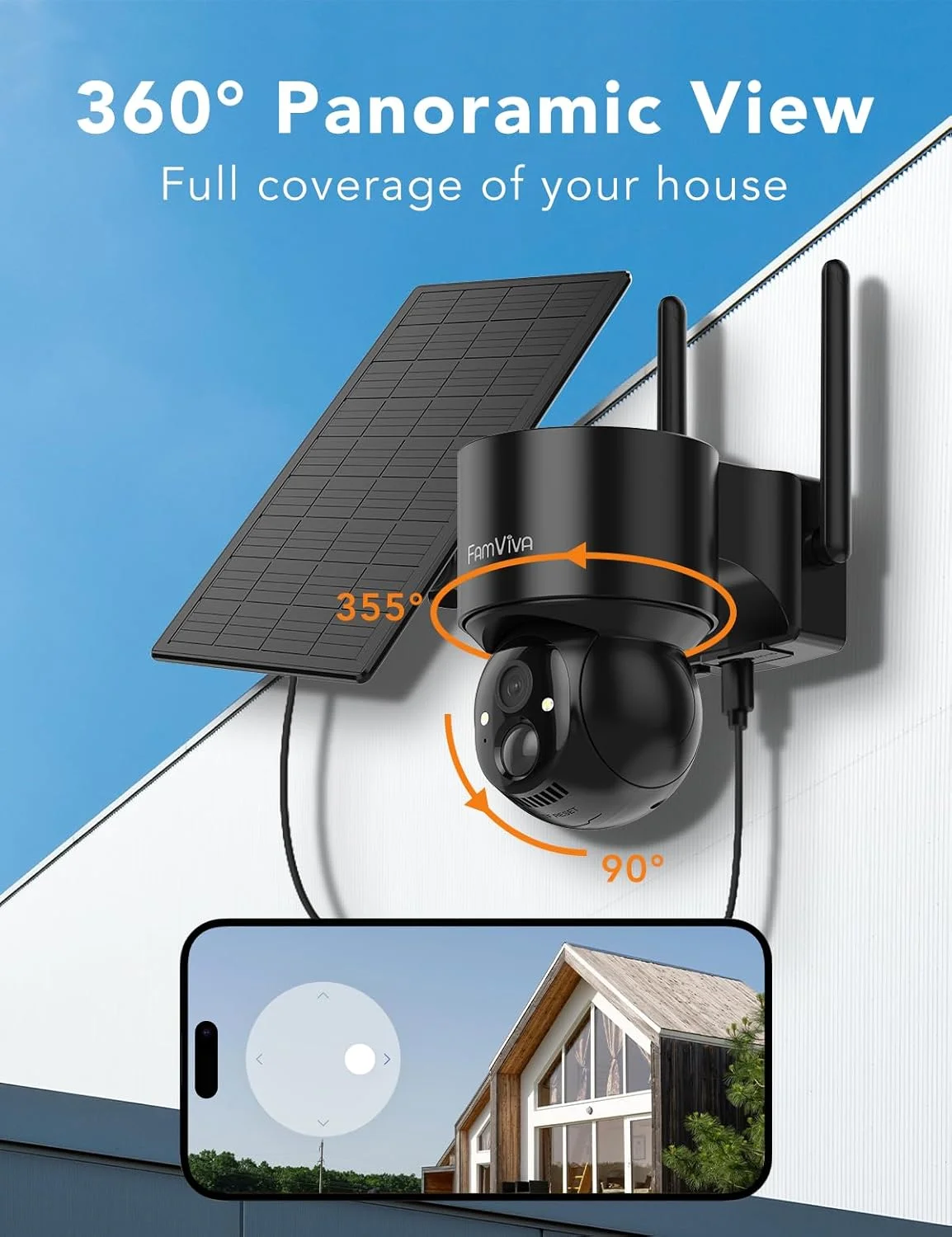 دوربین های امنیتی خورشیدی 2K بی سیم فضای باز، دوربین های PTZ 360 درجه با باتری برای امنیت خانه، دوربین فضای باز وای فای 2.4G با دید در شب رنگی، ضد آب IP66، آلارم حسگر حرکتی، مشکی، 2 عدد