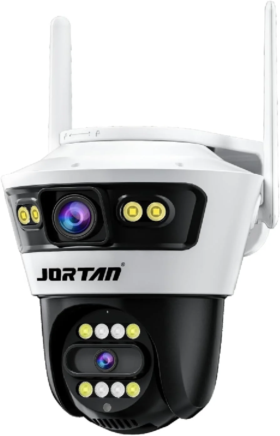 دوربین امنیتی هوشمند وای فای 6 مگاپیکسلی 2 در 1 با دوربین دوگانه 12 ولت/2 آمپر HD PTZ مناسب فضای باز با چرخش افقی و عمودی و تشخیص انسان/خودرو، دید در شب رنگی، آژیر نورافکن و صدای دو طرفه