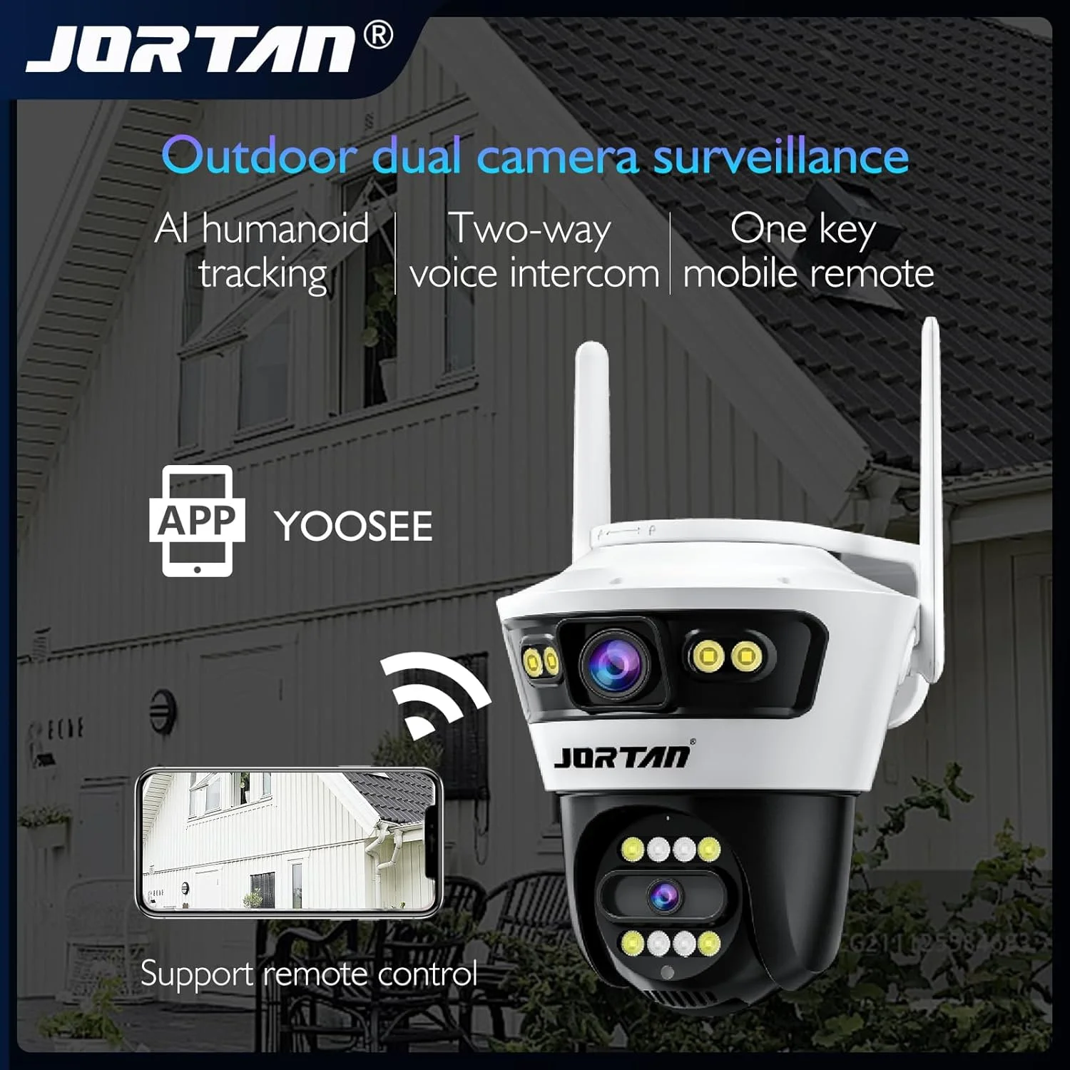 دوربین امنیتی هوشمند وای فای 6 مگاپیکسلی 2 در 1 با دوربین دوگانه 12 ولت/2 آمپر HD PTZ مناسب فضای باز با چرخش افقی و عمودی و تشخیص انسان/خودرو، دید در شب رنگی، آژیر نورافکن و صدای دو طرفه دوربین امنیتی هوشمند وای فای 6 مگاپیکسلی 2 در 1 با دوربین دوگانه 12 ولت/2 آمپر HD PTZ مناسب فضای باز با چرخش افقی و عمودی و تشخیص انسان/خودرو، دید در شب رنگی، آژیر نورافکن و صدای دو طرفه