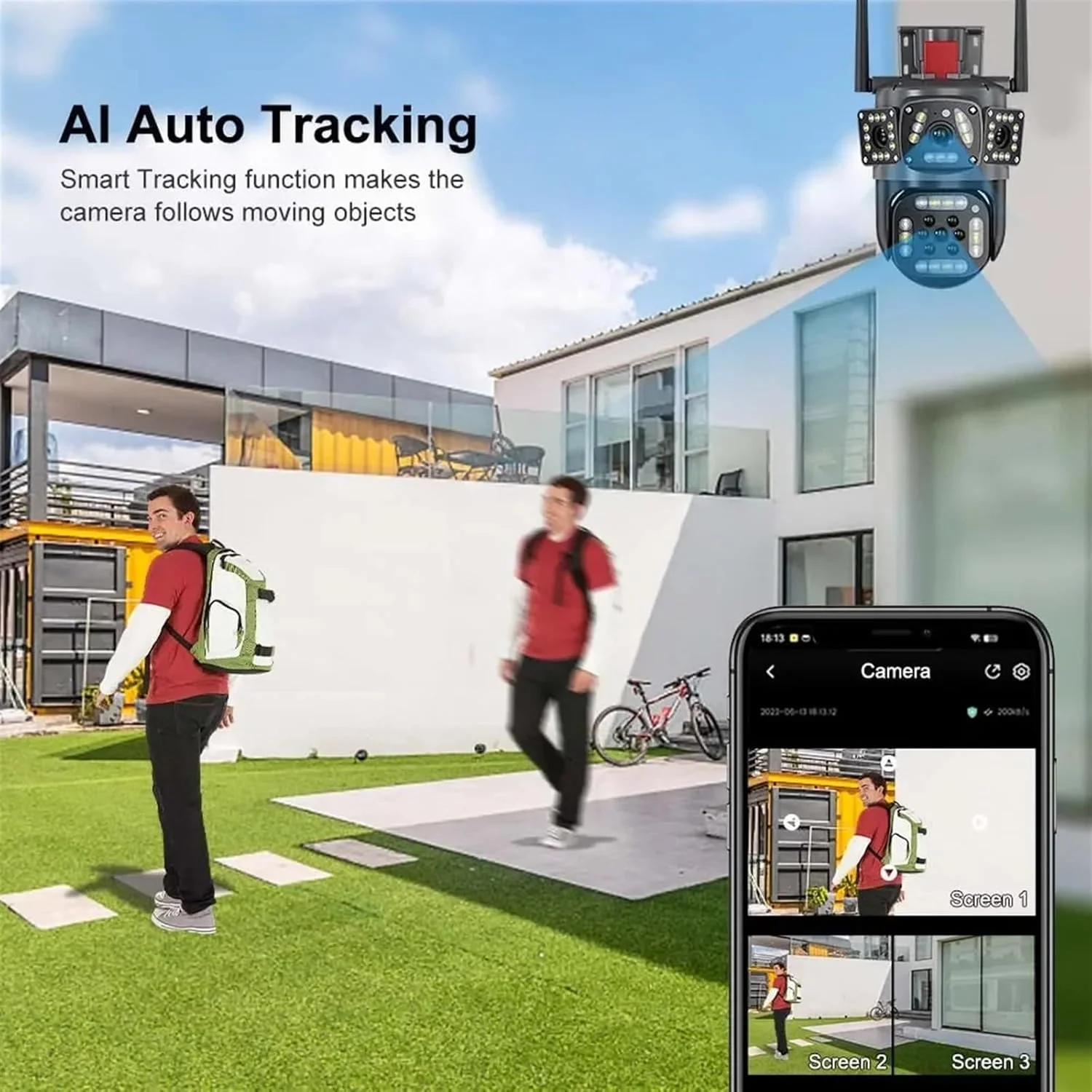 دوربین امنیتی فضای باز 6K 12MP سه لنز PTZ IP با سه صفحه نمایش تشخیص انسان با هوش مصنوعی، ردیابی خودکار دوربین های مدار بسته بی سیم برای امنیت (دوربین 12MP)