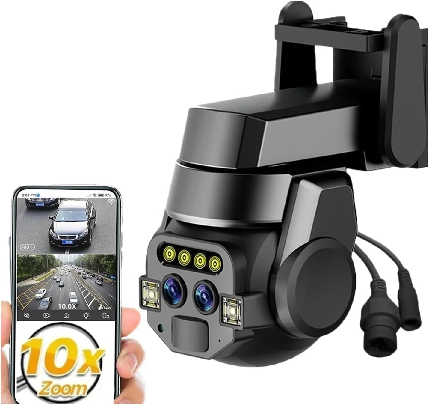 دوربین امنیتی فضای باز 6 مگاپیکسل با لنز دوگانه HD با زوم 10X خارجی PTZ AI تشخیص تلفن همراه ردیابی هوشمند نور رنگی نظارت دید در شب (دوربین 6 مگاپیکسل بدون کارت)