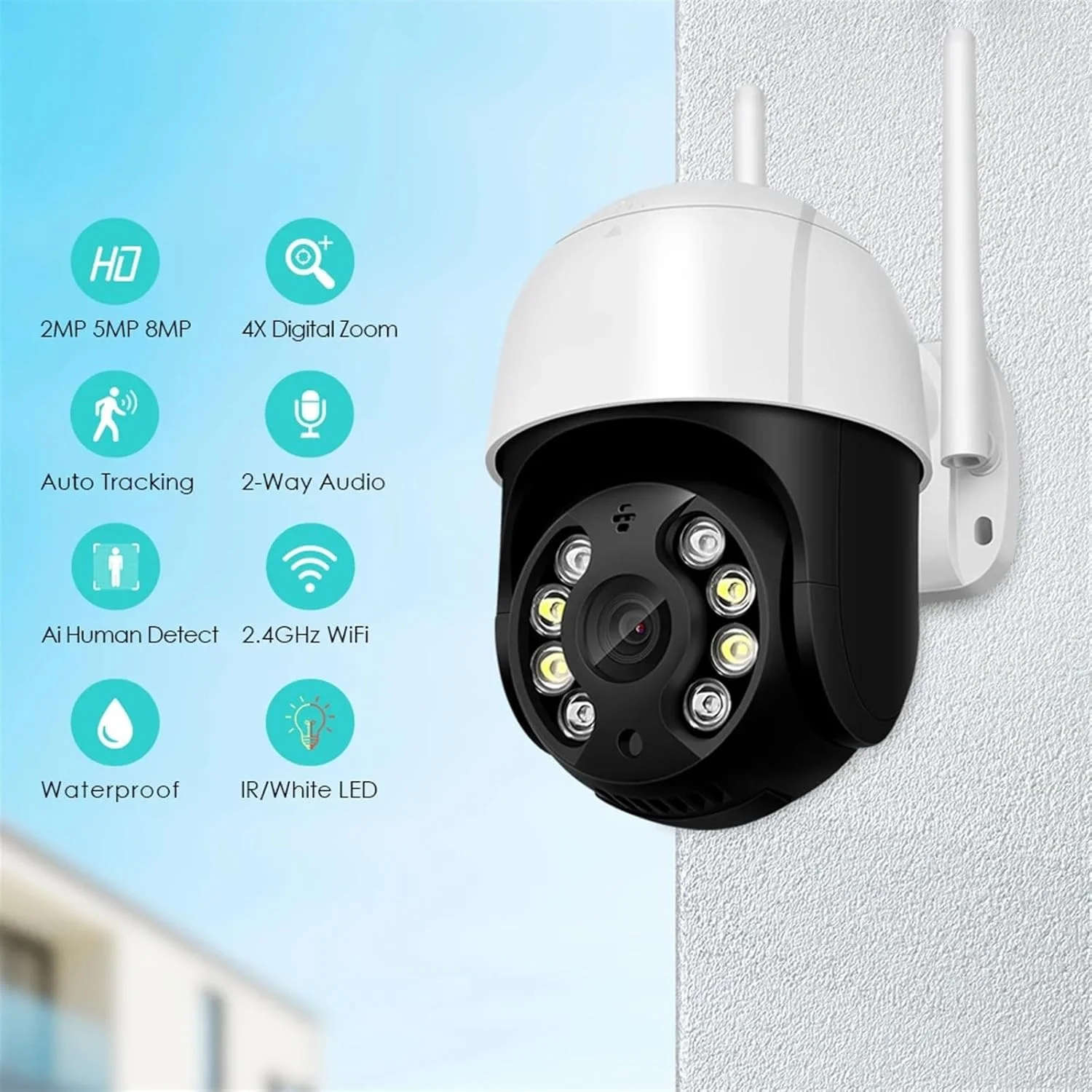 دوربین مداربسته فضای باز، دوربین وای فای 8 مگاپیکسل 4K، تشخیص انسان با هوش مصنوعی، ردیابی خودکار، دوربین PTZ IP تمام رنگی دید در شب ابری نظارت تصویری مداربسته (4MP به همراه کارت 128G)