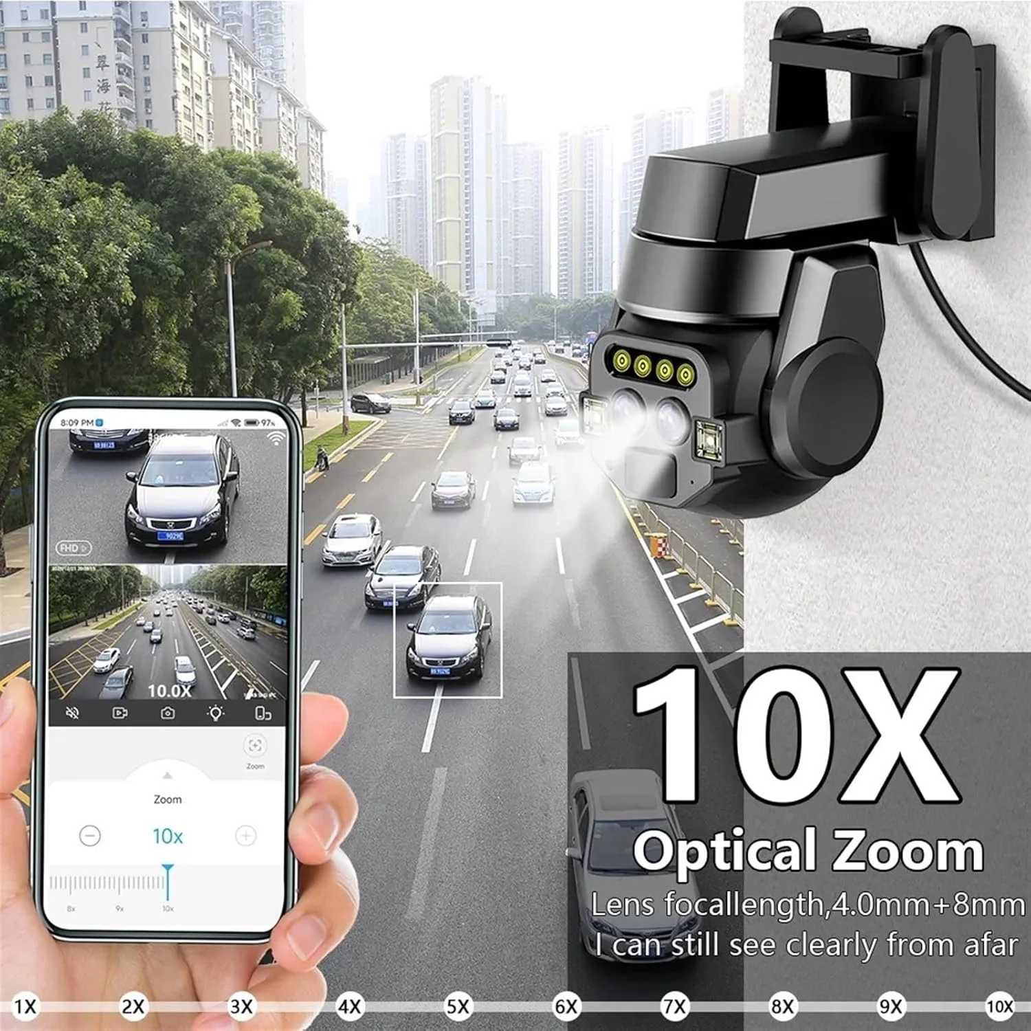 دوربین امنیتی فضای باز 6 مگاپیکسل با لنز دوگانه HD با زوم 10X خارجی PTZ AI تشخیص تلفن همراه ردیابی هوشمند نور رنگی نظارت دید در شب (دوربین 6 مگاپیکسل بدون کارت)