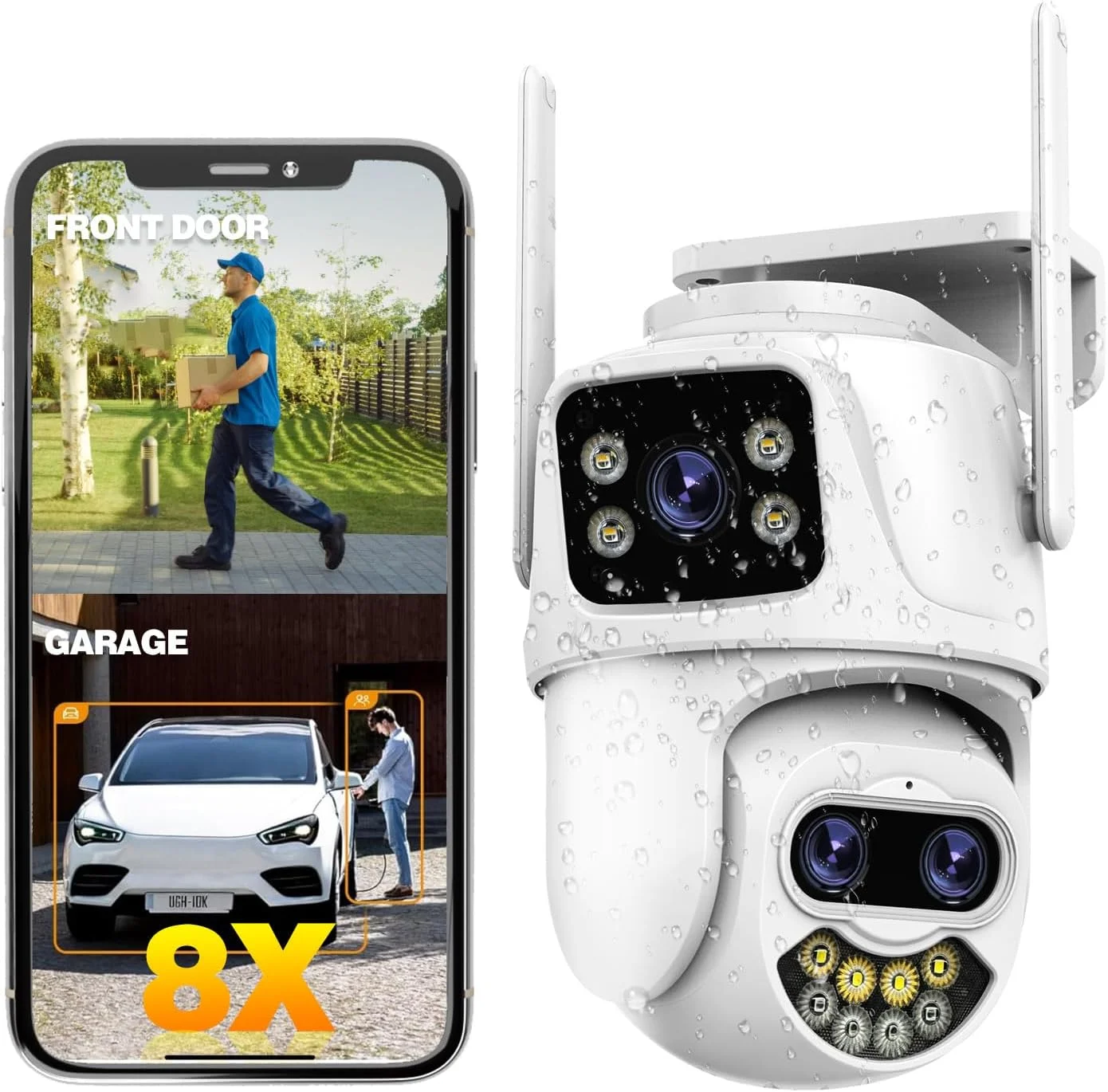 دوربین امنیتی PTZ بیرونی، دوربین های دو لنز زوم دیجیتال 8X برای امنیت خانه با سیم، ضد آب IP66، ردیابی هوش مصنوعی، آلارم نور، دید در شب رنگی، مکالمه 2 طرفه، ضبط 24/7، SD/Cloud