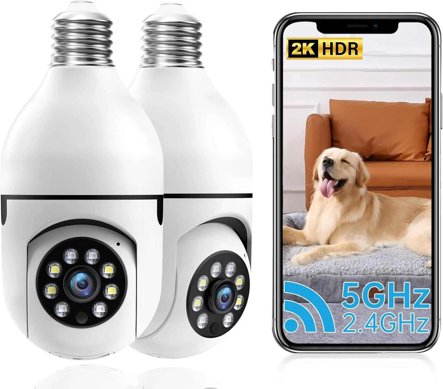 دوربین امنیتی لامپی 2K، دوربین های امنیتی وای فای 5G و 2.4G بی سیم داخلی/خارجی، دوربین لامپی برای امنیت خانه در فضای باز/داخلی، مکالمه دو طرفه، دید در شب رنگی، PTZ 360 درجه، تشخیص حرکت انسان