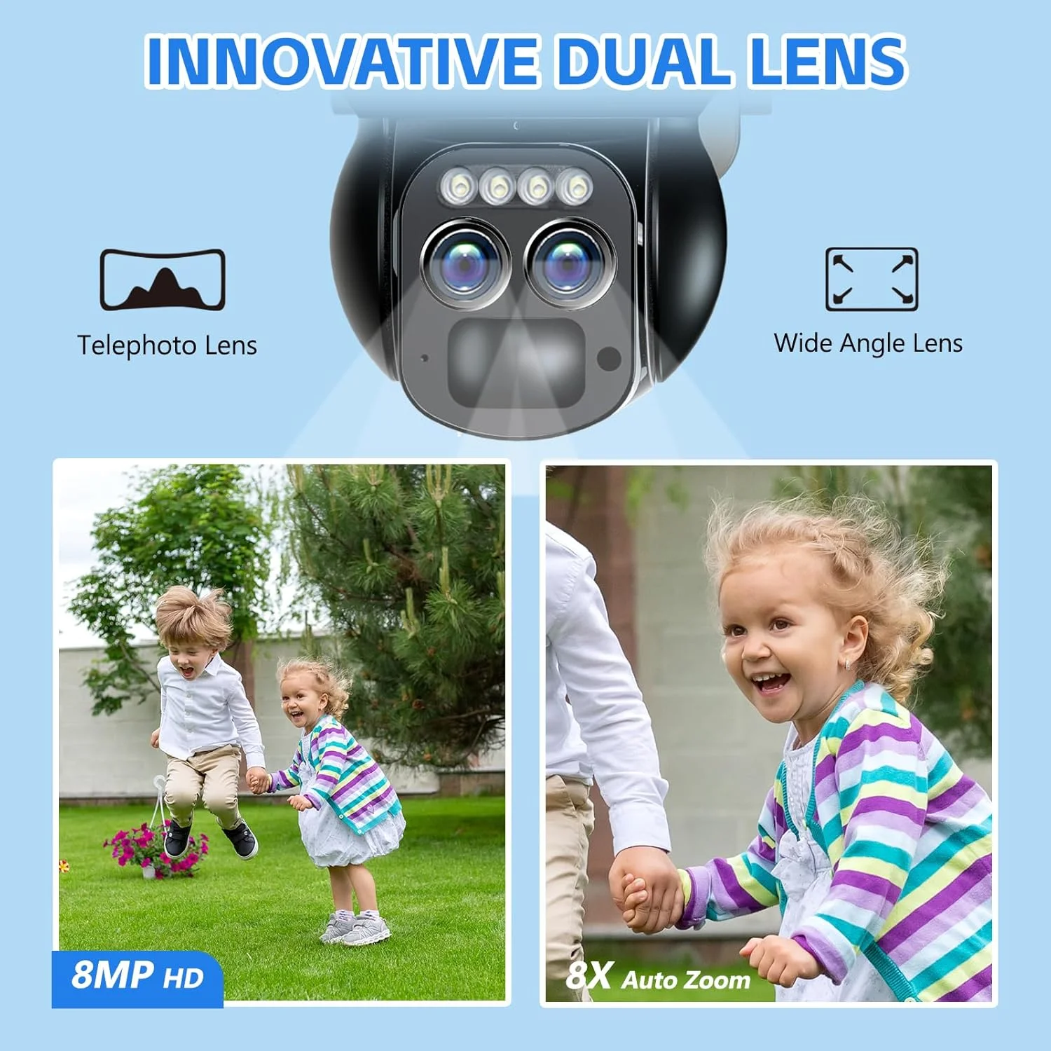 دوربین های امنیتی خورشیدی 4K بی سیم فضای باز با لنز دوگانه، دوربین های PTZ 360 درجه با باتری برای امنیت خانه در فضای باز، دید در شب رنگی 8 مگاپیکسلی، سنسور PIR، ردیابی خودکار، نورافکن/آژیر، الکسا، 2.4/5 گیگاهرتز، IP66