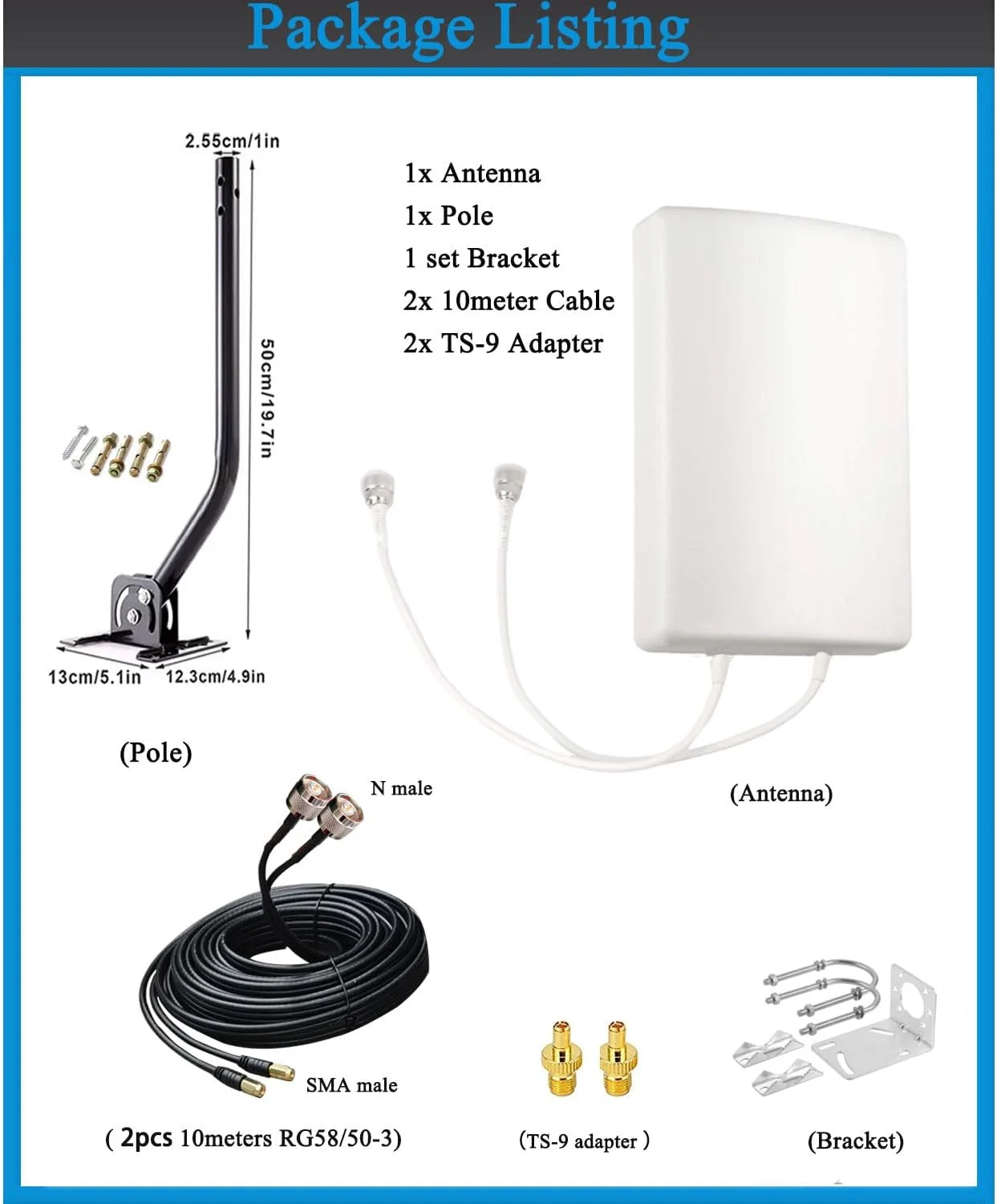 آنتن های SIGNALPLUS 5G/ 4G/ LTE/WiFi/ 2x2 MIMO، آنتن پنلی جهت دار بیرونی برای روترهای 4G LTE 5G Verizon AT&T Sprint T-Mobile Home Internet با کابل TS9 SMA و میله J-Mount (کیت کامل)