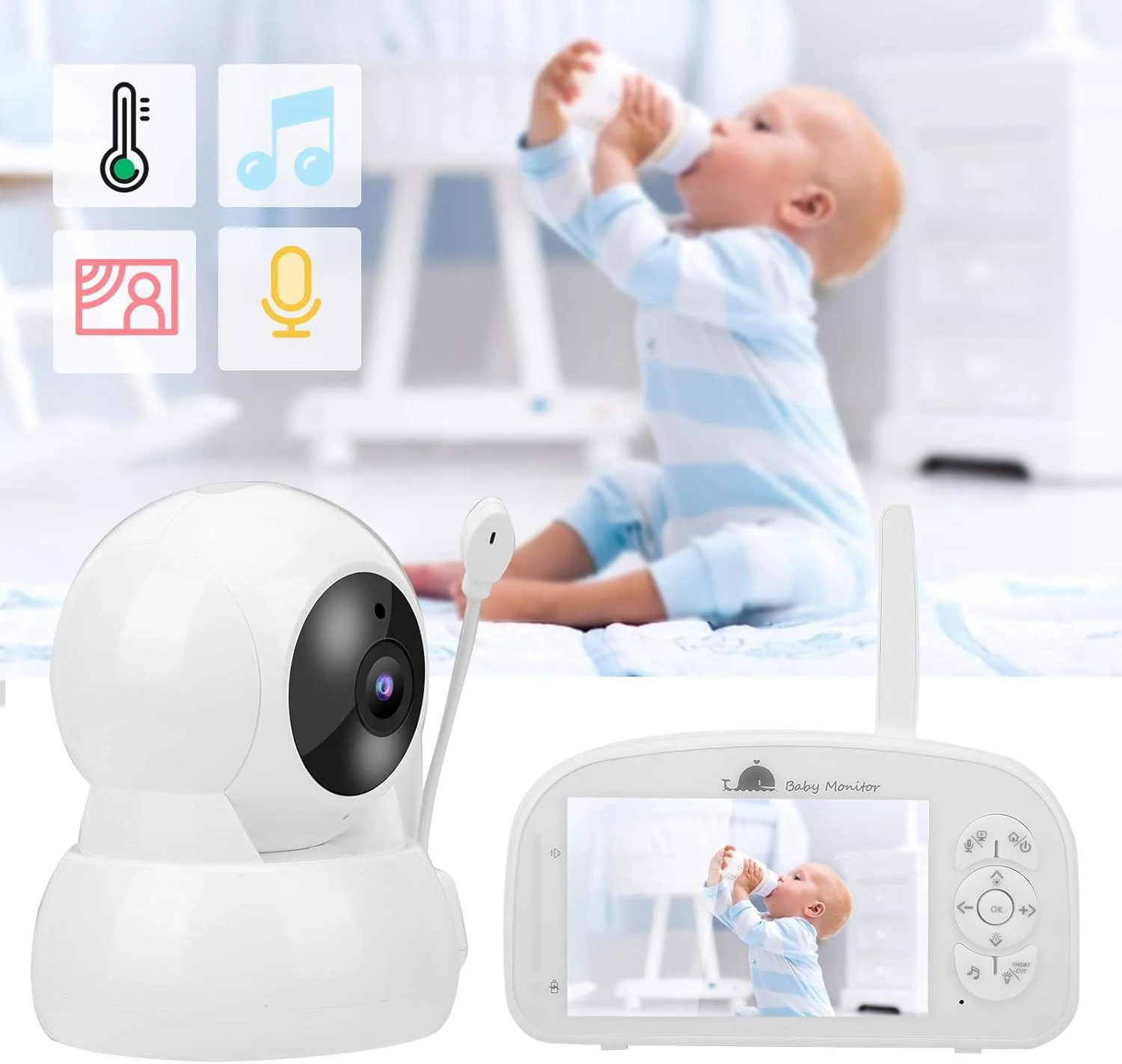 مانیتور هوشمند کودک - صفحه نمایش 5 اینچی TFT، دوربین امنیتی PTZ 1080P، دوربین نظارت شبانه دو طرفه، نظارت بر دما، یادآوری تغذیه، دارای موسیقی داخلی