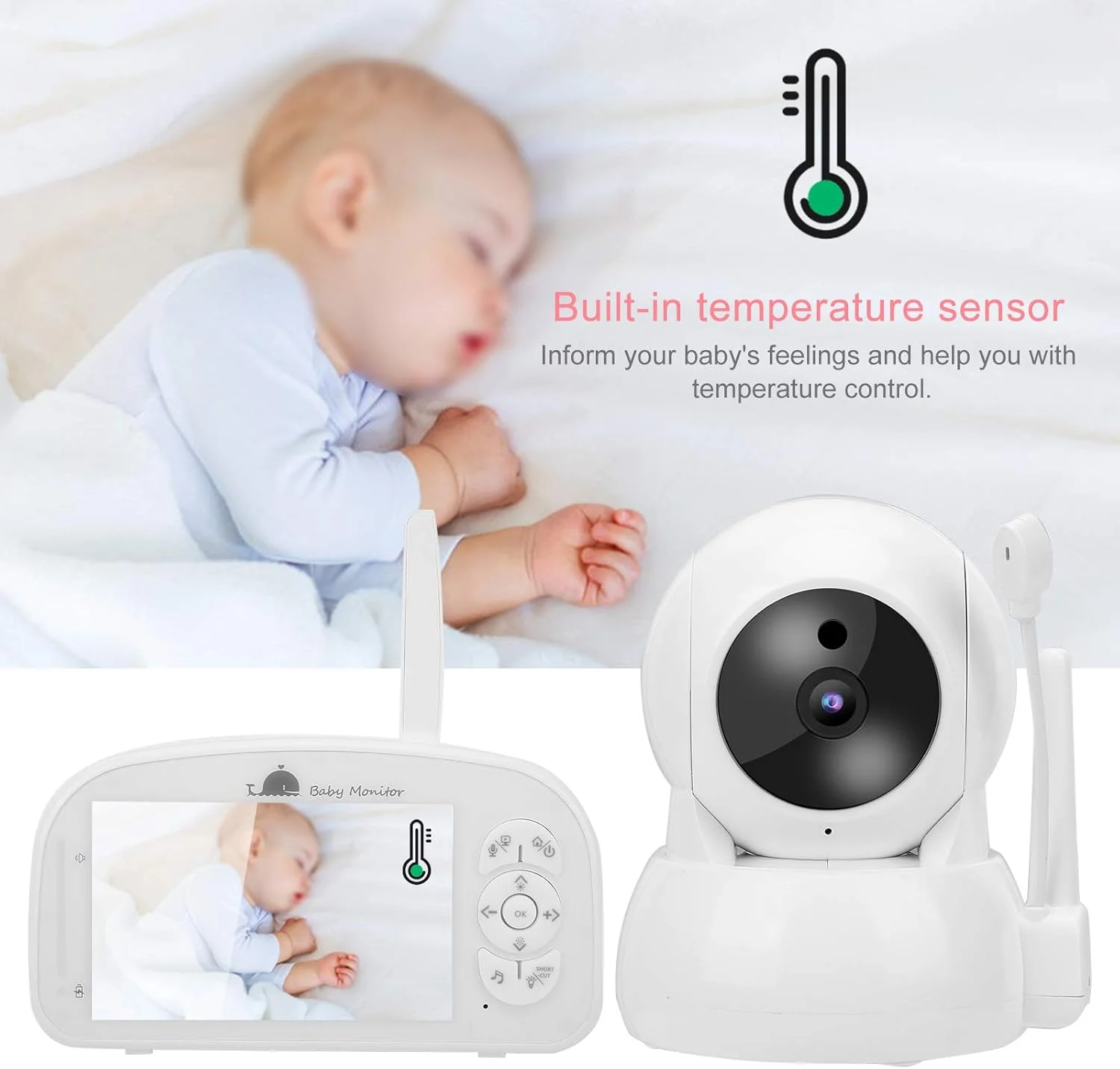 مانیتور هوشمند کودک - صفحه نمایش 5 اینچی TFT، دوربین امنیتی PTZ 1080P، دوربین نظارت شبانه دو طرفه، نظارت بر دما، یادآوری تغذیه، دارای موسیقی داخلی