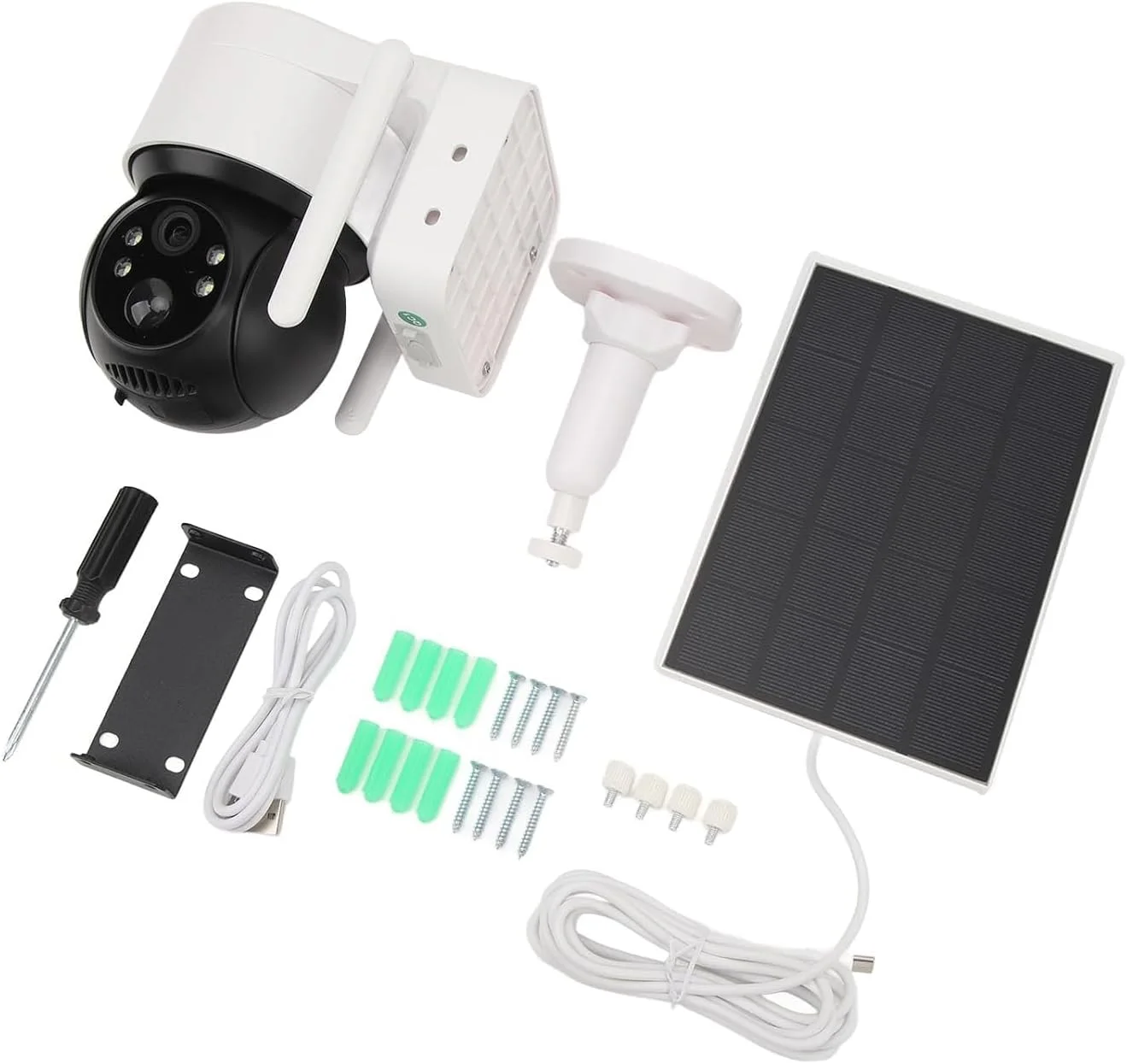 دوربین امنیتی خورشیدی PLATO، سفید، دوربین وای فای PTZ بیرونی با دید در شب، منبع تغذیه دوگانه، عمر باتری 365 روزه، شامل پنل خورشیدی Q6