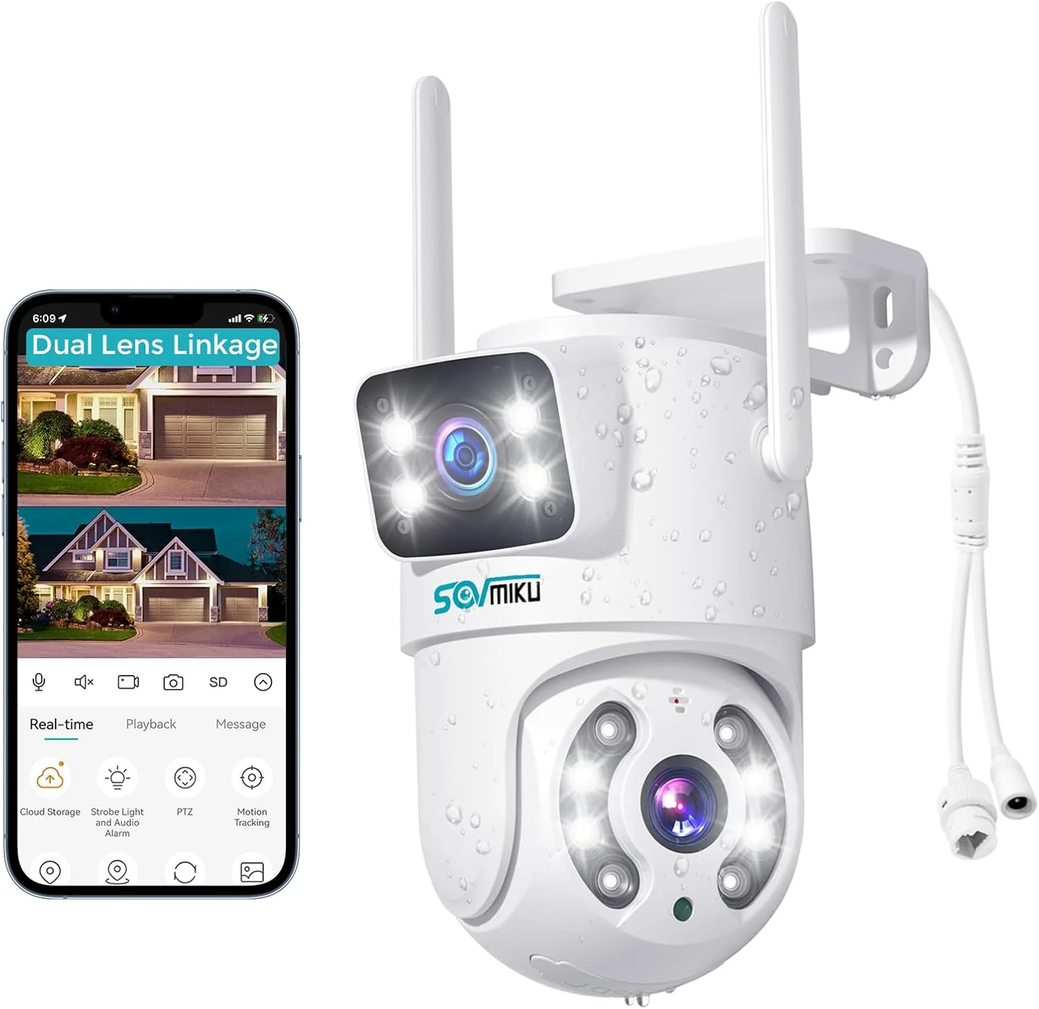 دوربین امنیتی PTZ بیرونی SOVMIKU با لنز دوگانه، دوربین بلوتوث بی‌سیم، دید 360 درجه، ردیابی خودکار، تشخیص انسان، بازتابنده آلارم نور