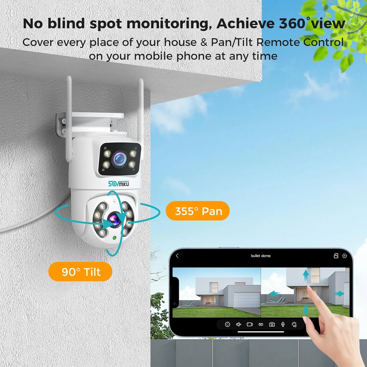 دوربین امنیتی PTZ بیرونی SOVMIKU با لنز دوگانه، دوربین بلوتوث بی‌سیم، دید 360 درجه، ردیابی خودکار، تشخیص انسان، بازتابنده آلارم نور