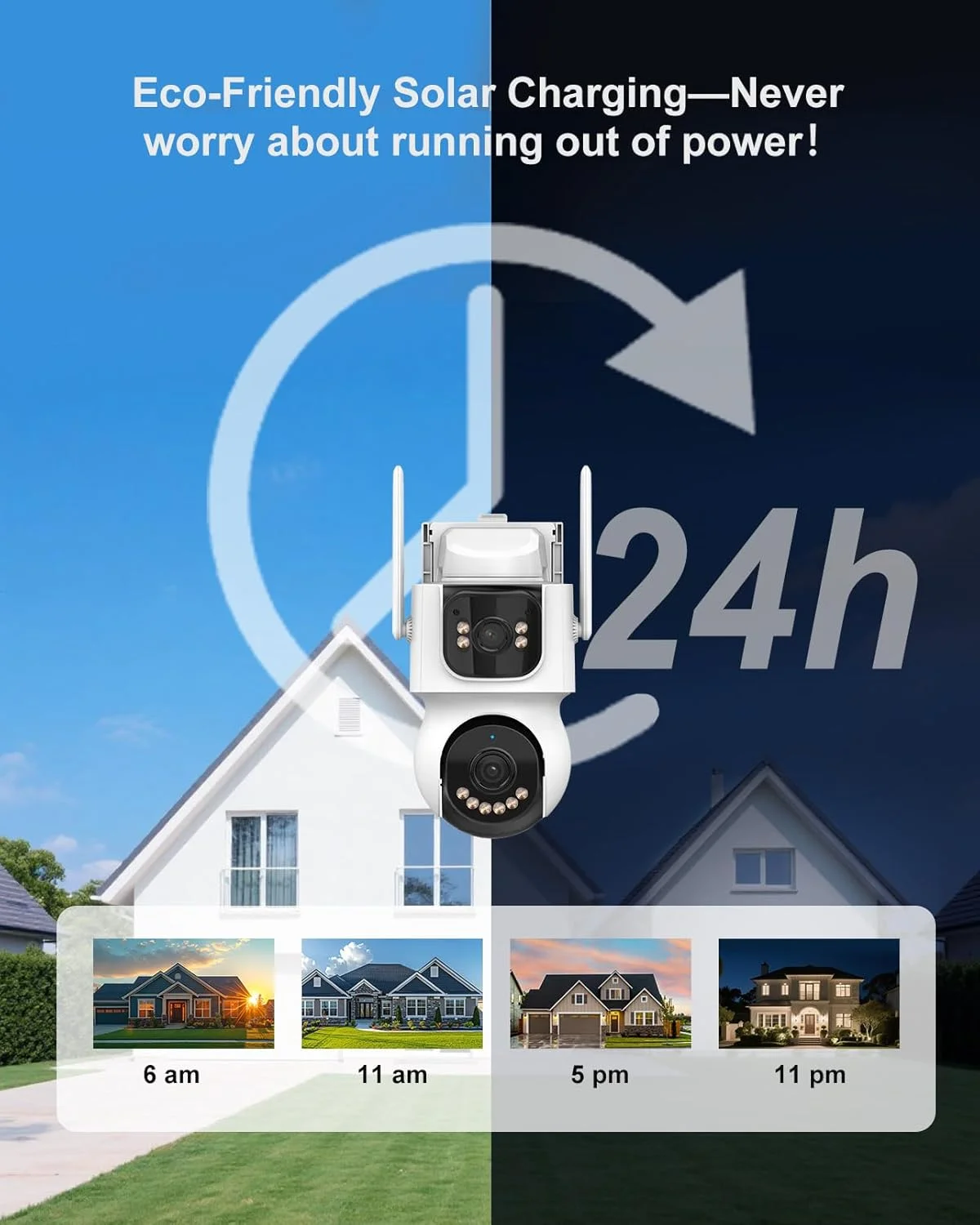 دوربین امنیتی خورشیدی وای فای دو لنز 8 مگاپیکسلی AOV مناسب فضای باز با ضبط 24/7، پنل خورشیدی 9 واتی و باتری 10000 میلی آمپری، PTZ 360 درجه، وای فای 6، ردیابی خودکار، سه حالت دید در شب، صدای دو طرفه برای امنیت خانه