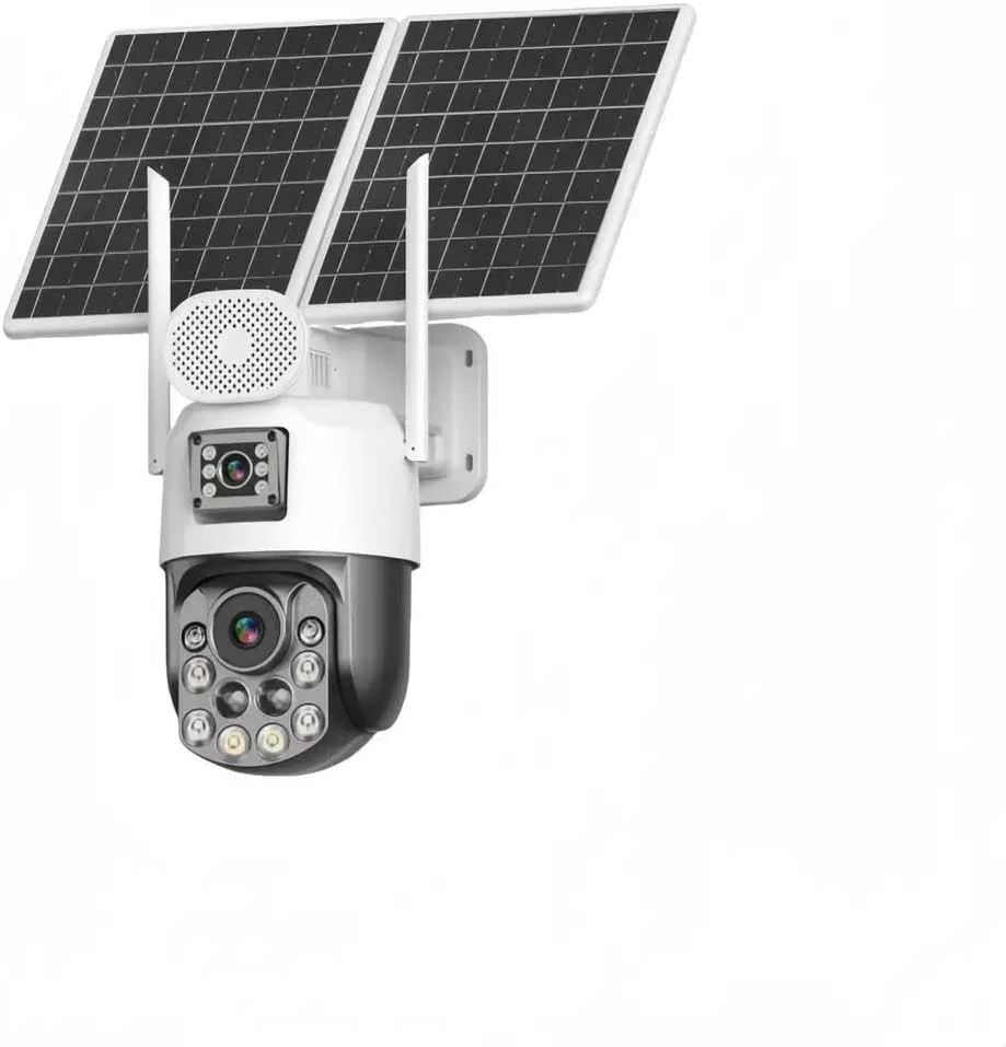 دوربین های امنیتی خورشیدی دو لنز 6 مگاپیکسلی با زوم 36 برابر و پشتیبانی از سیم کارت، دوربین سلولی 4G با باتری و پنل خورشیدی 10 واتی، تشخیص حرکت PIR، دید در شب رنگی، آژیر نورافکن