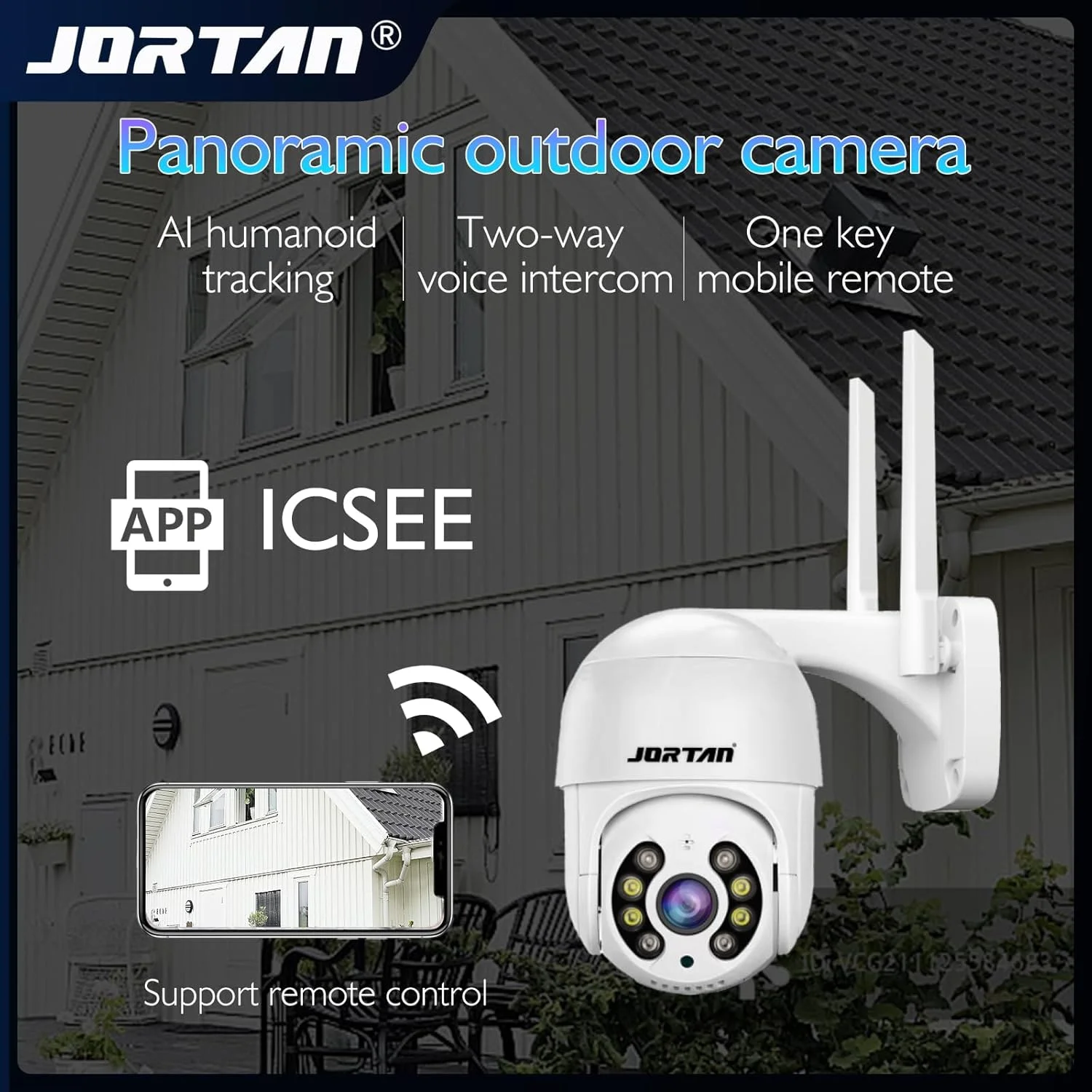 دوربین مداربسته 1080P JORTAN بیرونی PTZ، دوربین 2 مگاپیکسلی وای فای بی سیم/باسیم با تشخیص انسان، دید در شب، صدای دو طرفه، محافظت در برابر صاعقه و رابط آنتن وای فای