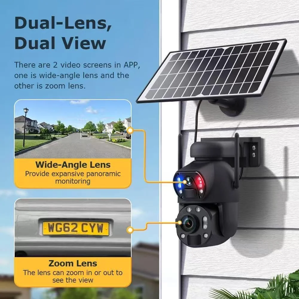 دوربین های امنیتی خورشیدی دو لنز 6 مگاپیکسلی با زوم 36 برابر و پشتیبانی از سیم کارت، دوربین سلولی 4G با باتری و پنل خورشیدی 10 واتی، تشخیص حرکت PIR، دید در شب رنگی، آژیر نورافکن