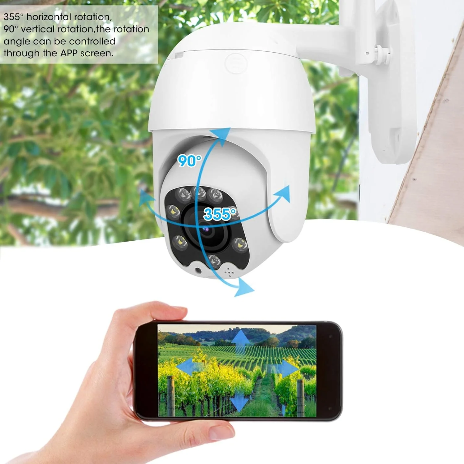 دوربین مداربسته PTZ با کیفیت 1080P، چرخش 355 درجه افقی و 90 درجه عمودی، دوربین وای فای مداربسته با 8 LED، دید در شب فوق العاده، ضد آب IP66، تشخیص حرکت PIR، ارتباط صوتی دو طرفه، پشتیبانی از ONVIF (UK)