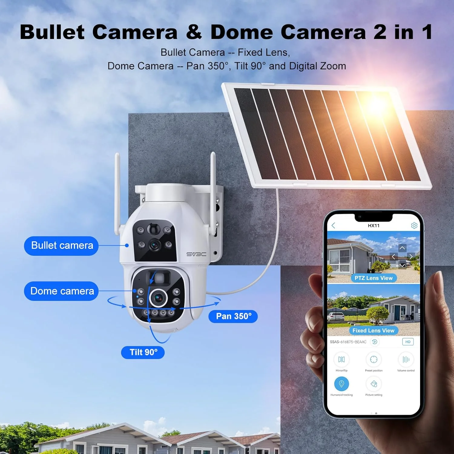 دوربین امنیتی سیم کارت خور 4G LTE مدل SV3C مناسب فضای باز، دوربین های PTZ دو لنز بی سیم با انرژی خورشیدی با تشخیص حرکت PIR، ردیابی خودکار، صدای دو طرفه، دید در شب رنگی، دارای سیم کارت داخلی، بدون نیاز به WiFi