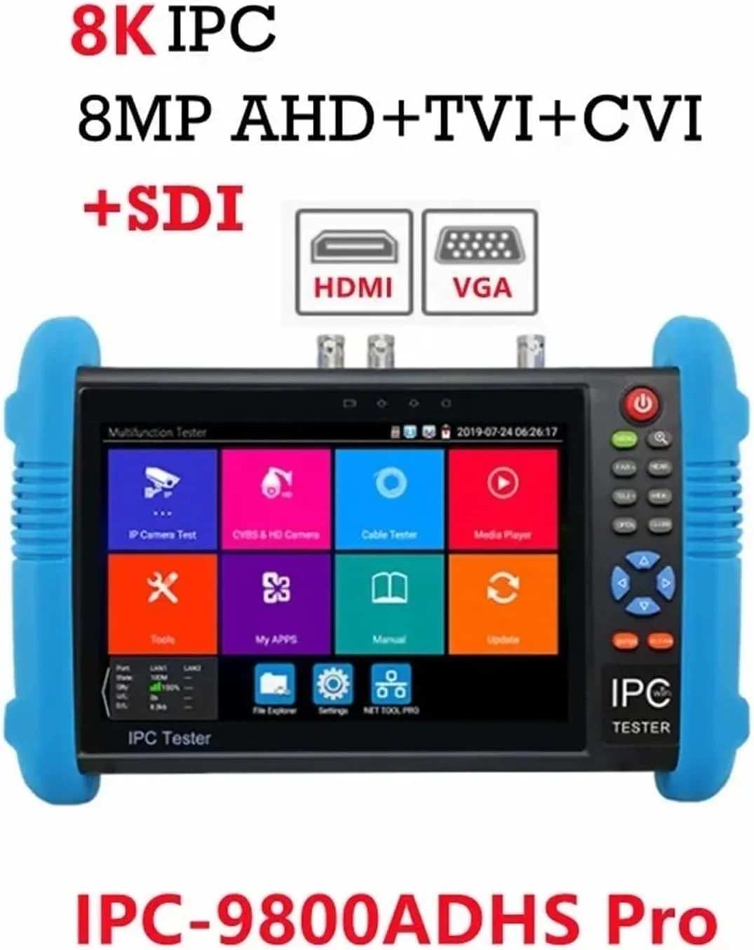 تستر دوربین مداربسته قابل حمل IPC-9800 Pro Full HD 8MP Cvi Tvi Ahd Cvbs مانیتور دوربین IP صفحه لمسی IPS X7 اینچی کنترل PTZ تستر دوربین مداربسته کاربری آسان IPC9800MOVTADHS Pro