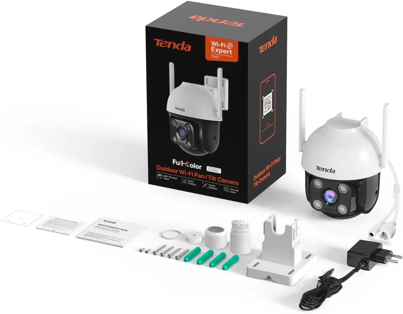 دوربین امنیتی وای فای PTZ فضای باز Tenda با صدای دو طرفه، تشخیص انسان توسط هوش مصنوعی و آلارم، دید 360 درجه، ضد آب IP65، دید در شب رنگی 30 متری، ذخیره سازی ابری APP و کارت SD، سازگار با الکسا، CH3