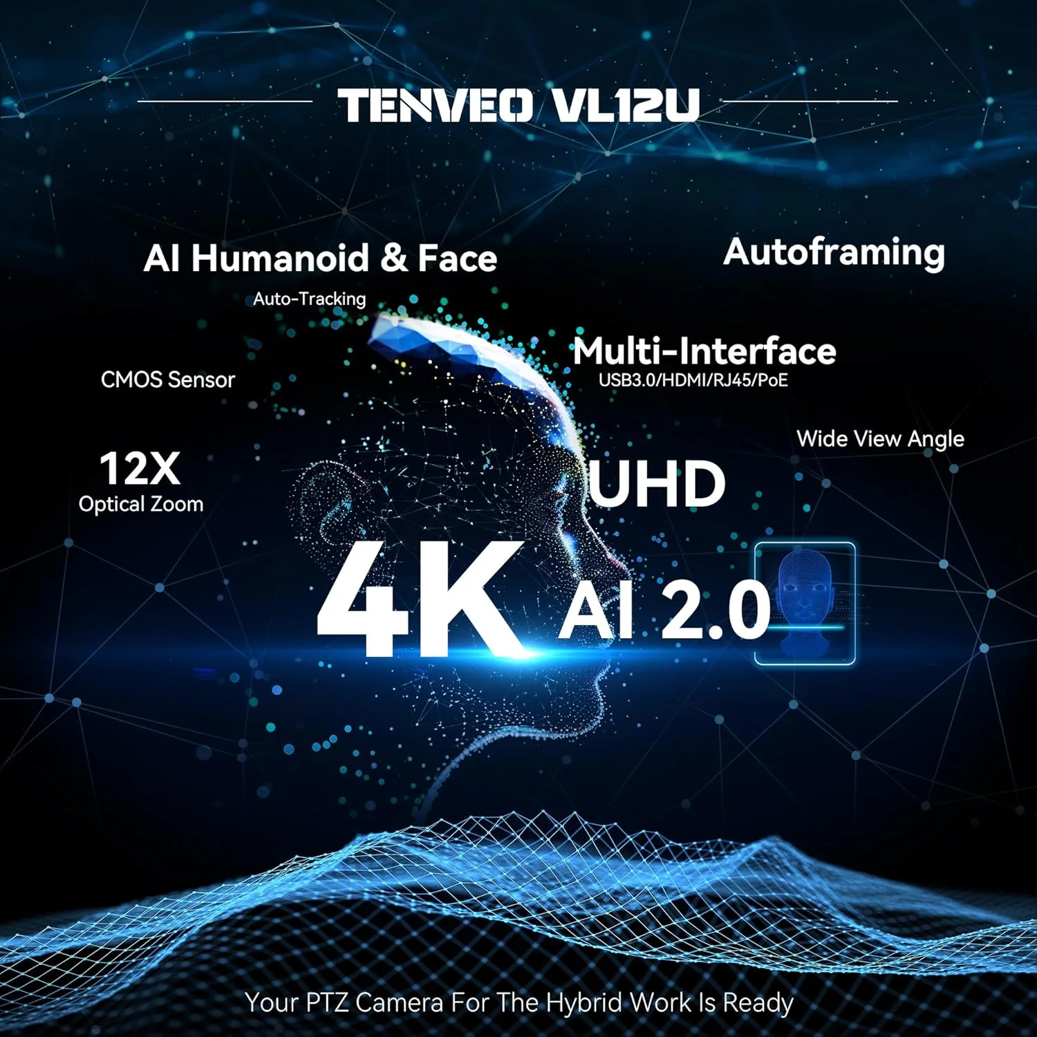 دوربین PTZ 4K Tenveo با قابلیت ردیابی خودکار هوش مصنوعی، زوم اپتیکال 12X، زاویه دید گسترده، USB3.0/HDMI/RJ45/PoE، دوربین پخش زنده برای کنفرانس ویدیویی کلیسا، پخش زنده Zoom Skype Teams، برنده جایزه Red Dot Design