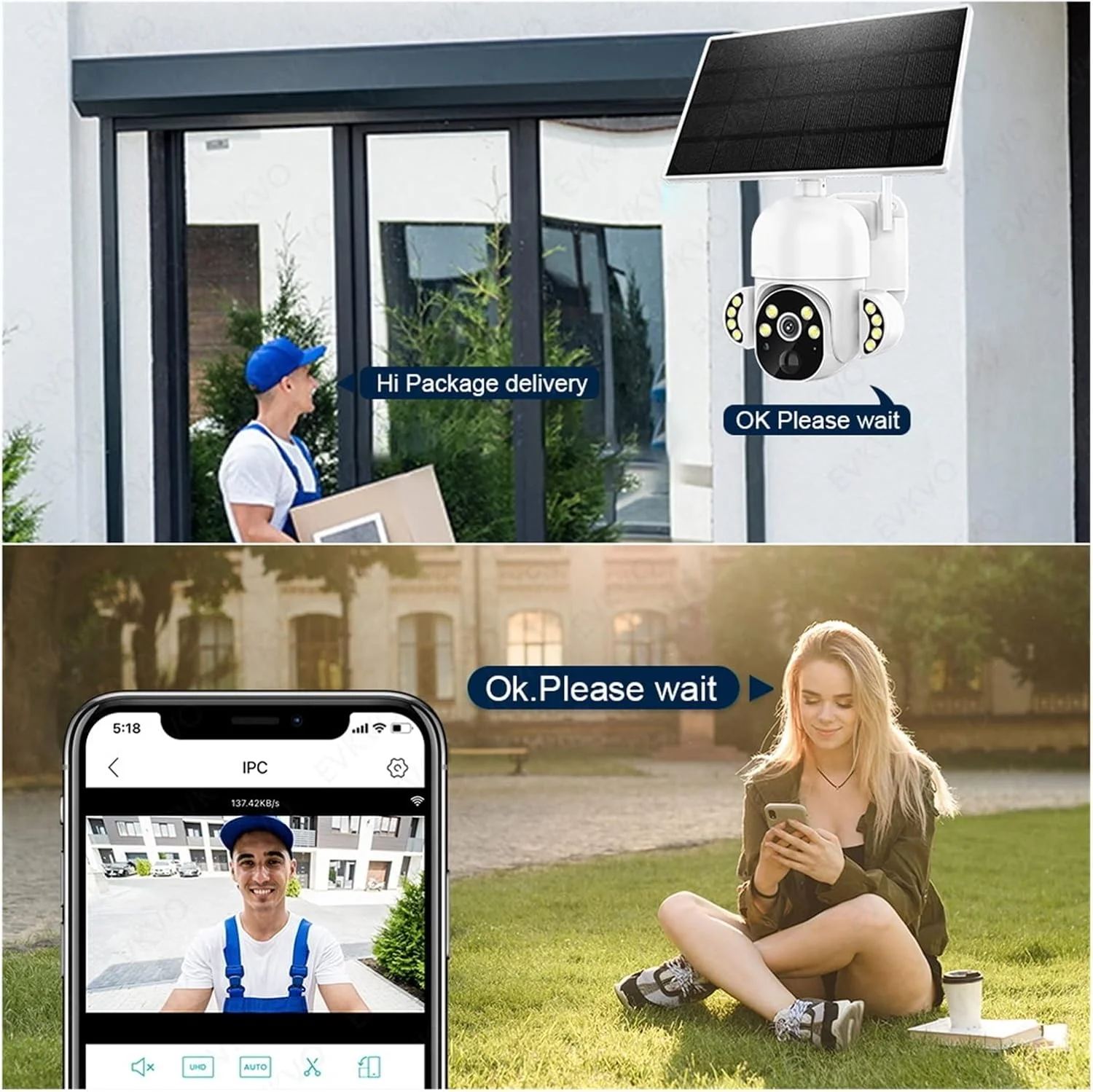 دوربین امنیتی خورشیدی بی‌سیم TISTIK، سیم کارت 3G/4G، پنل خورشیدی 8 واتی، PTZ وای فای در فضای باز H.265، دوربین هوشمند امنیتی با صفحه نمایش و باتری خورشیدی برای امنیت خانه (سایز: 4G بدون باتری)