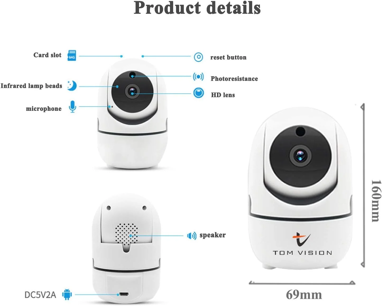 دوربین امنیتی بی‌سیم وای‌فای PTZ مدل Tomvision 1080P HD با قابلیت ردیابی خودکار، دید در شب، ارتباط صوتی دو طرفه، نظارت از راه دور، ردیابی هوشمند، تشخیص بدن انسان به همراه کارت حافظه SD با ظرفیت 32 گیگابایت