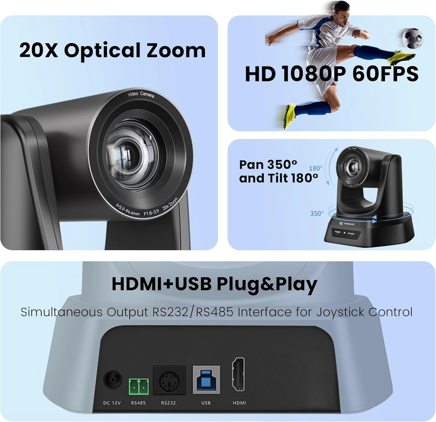 دوربین PTZ با زوم اپتیکال 20X، دوربین USB 1080P 60fps برای پخش زنده، کنفرانس آنلاین، سازگار با Zoom، Skype و OBS، نصب آسان