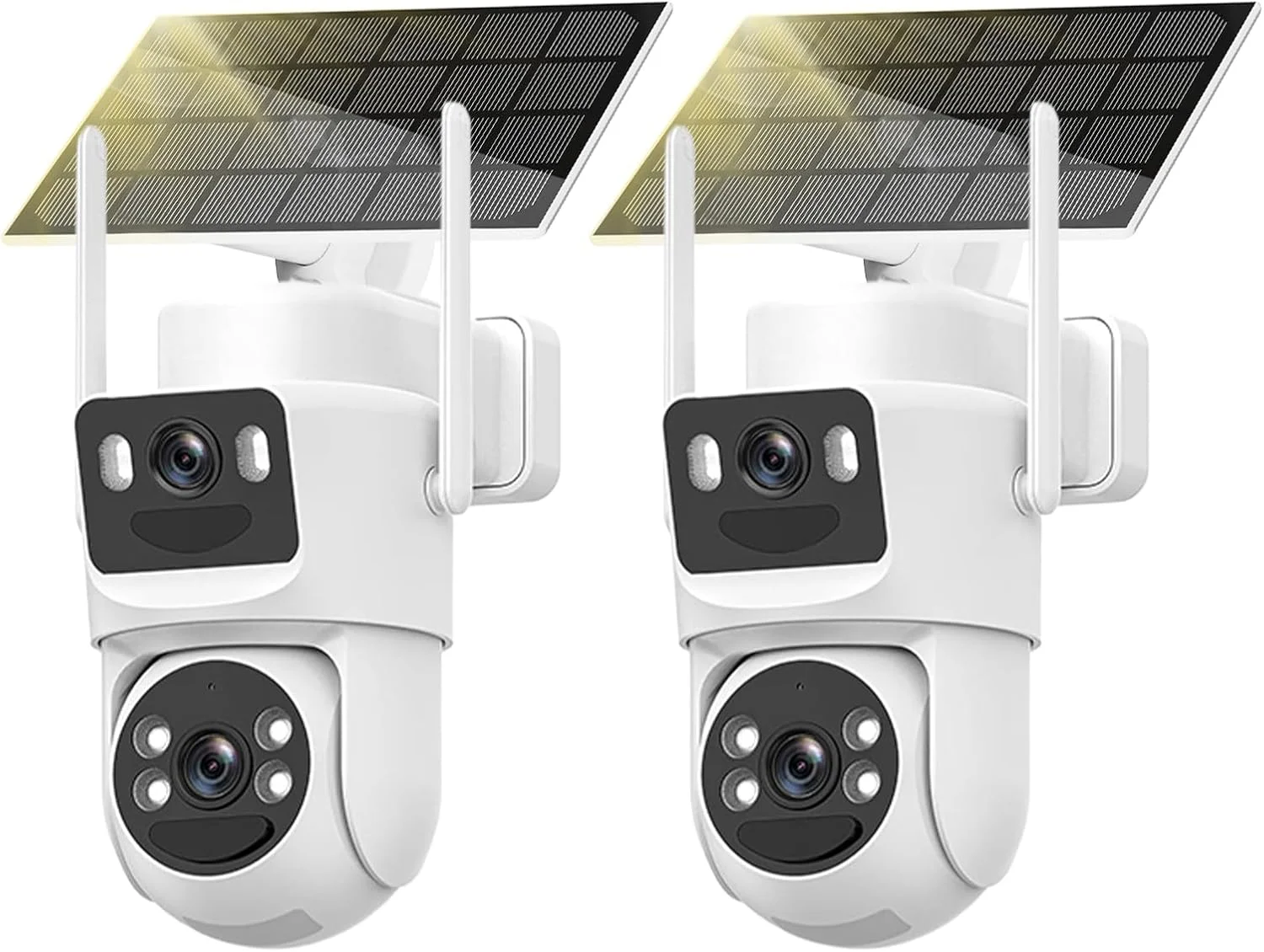 دوربین های امنیتی خورشیدی 4K بی سیم مناسب فضای باز با باتری، دوربین امنیتی دو لنز بولت و PTZ 360 درجه با پنل خورشیدی (سفید - بسته 2 عددی)