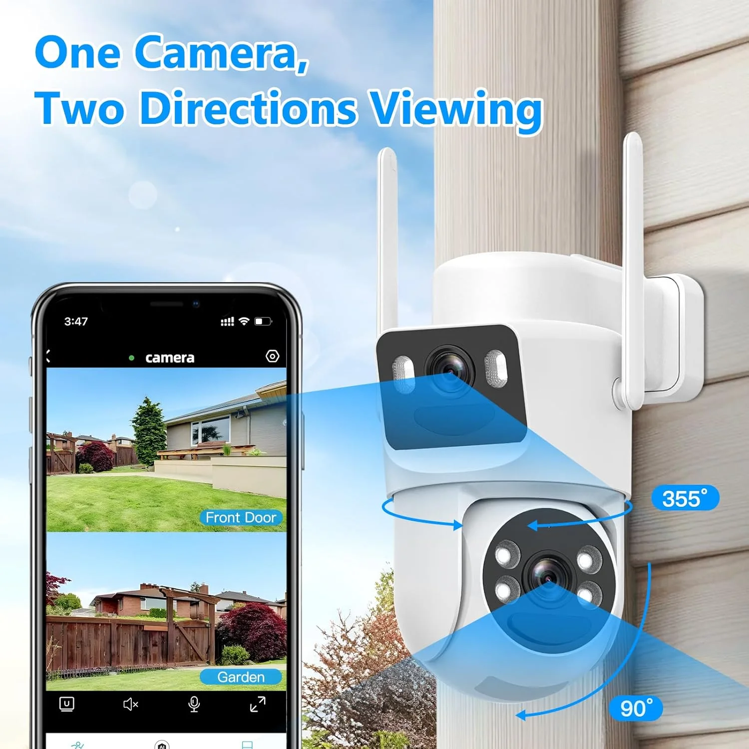 دوربین های امنیتی خورشیدی 4K بی سیم مناسب فضای باز با باتری، دوربین امنیتی دو لنز بولت و PTZ 360 درجه با پنل خورشیدی (سفید - بسته 2 عددی)