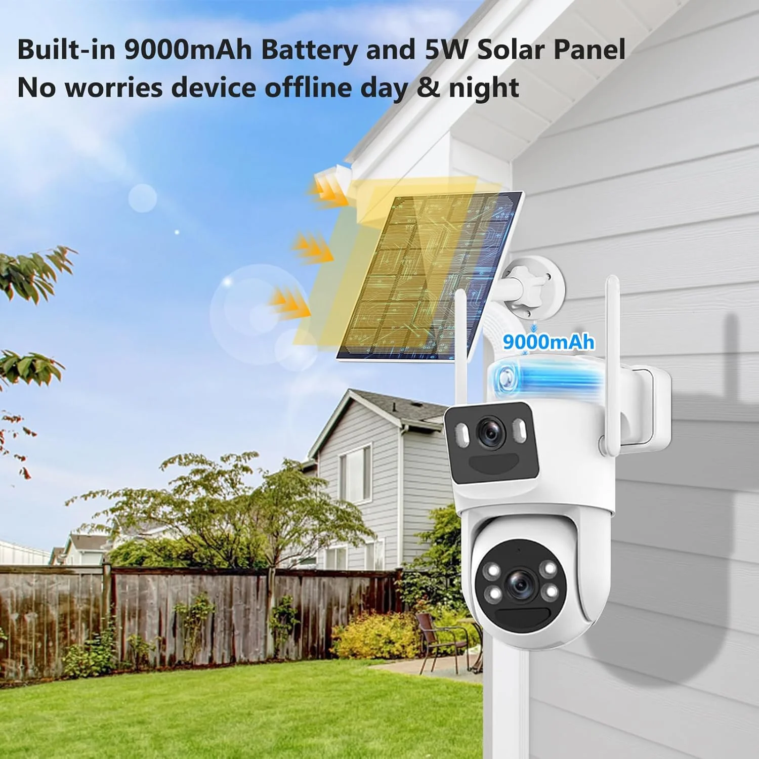 دوربین های امنیتی خورشیدی 4K بی سیم مناسب فضای باز با باتری، دوربین امنیتی دو لنز بولت و PTZ 360 درجه با پنل خورشیدی (سفید - بسته 2 عددی)