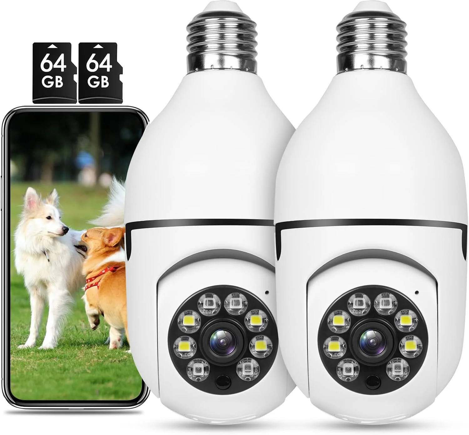 دوربین امنیتی بی سیم UPULTRA WiFi 1080P، دوربین نظارتی هوشمند خانگی، لامپ پیچی E27، نورافکن آلارم، دید در شب رنگی، مکالمه دو طرفه، آلارم تشخیص حرکت، PTZ 360 درجه (دو عدد با کارت حافظه 64 گیگابایتی)