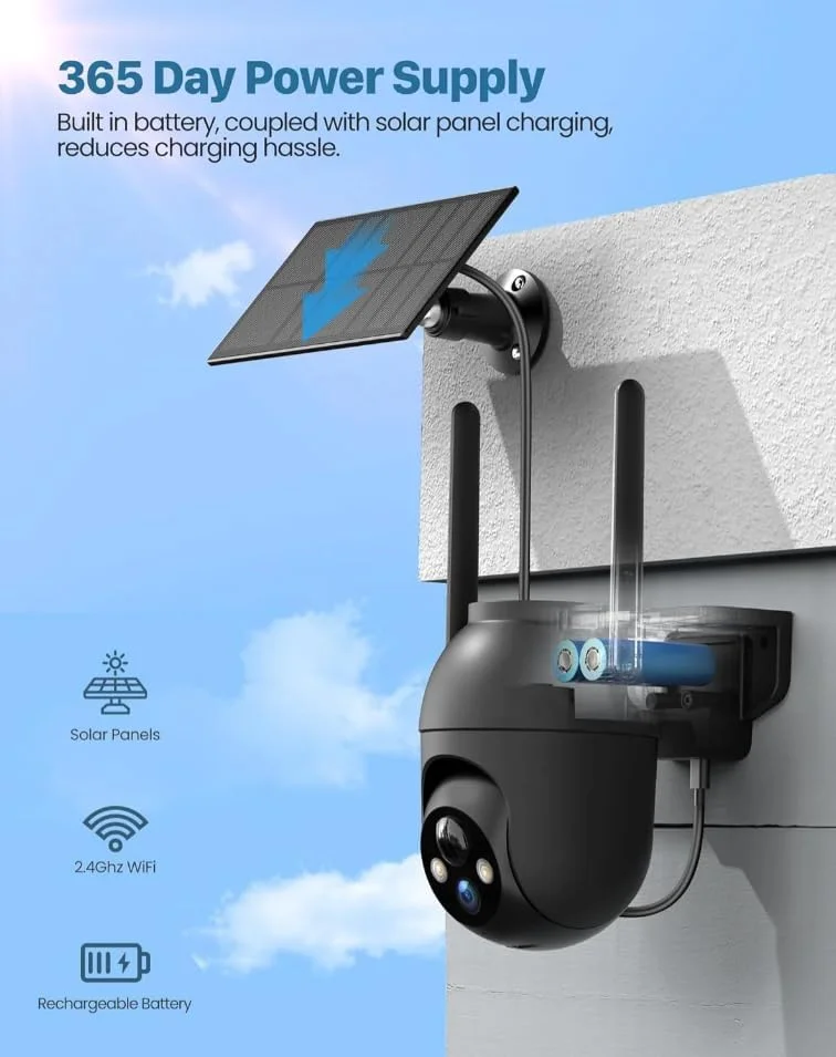 دوربین امنیتی بی‌سیم VicoHome با پنل خورشیدی - دوربین وای‌فای 2K با باتری، نظارت 360 درجه PTZ، دید در شب، تشخیص حرکت هوش مصنوعی، مکالمه دو طرفه، ضد آب، ذخیره‌سازی ابری و SD