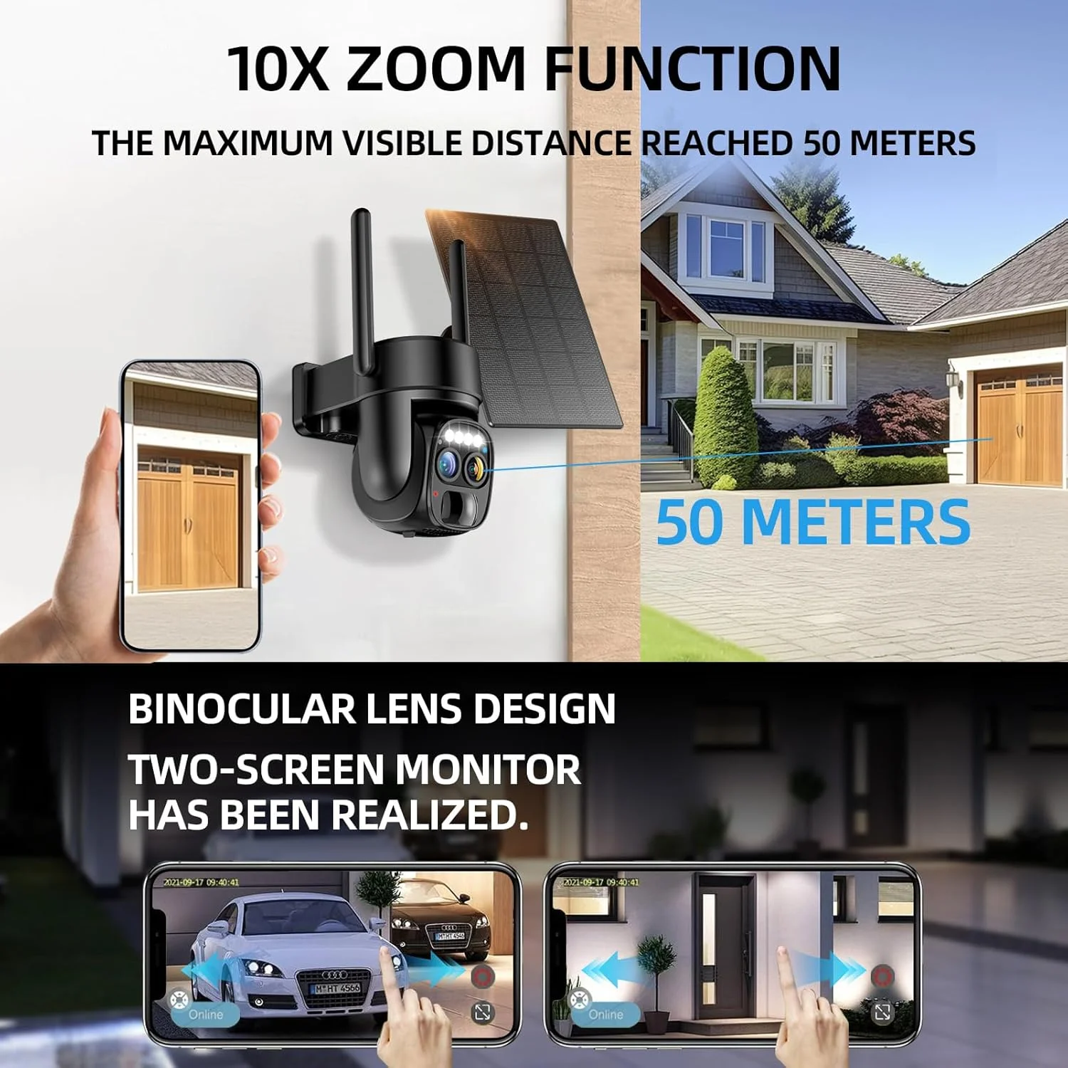 دوربین امنیتی خورشیدی بی‌سیم Hawkray، دو لنز، زوم 10 برابر، رزولوشن 2K 3MP، چرخش 360 درجه، دوربین با باتری وای‌فای 2.4 و 5 گیگاهرتز با آلارم نورافکن و تشخیص حرکت PIR