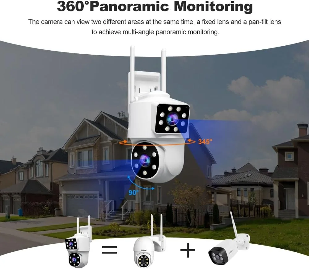 دوربین امنیتی بی سیم 2.4G WiFi دوربین دو لنز PTZ ردیابی حرکت در فضای باز نسخه دید در شب رنگی، کابل پلاگین، بدون هزینه اشتراک ماهانه سازگار با سیستم دوربین بی سیم