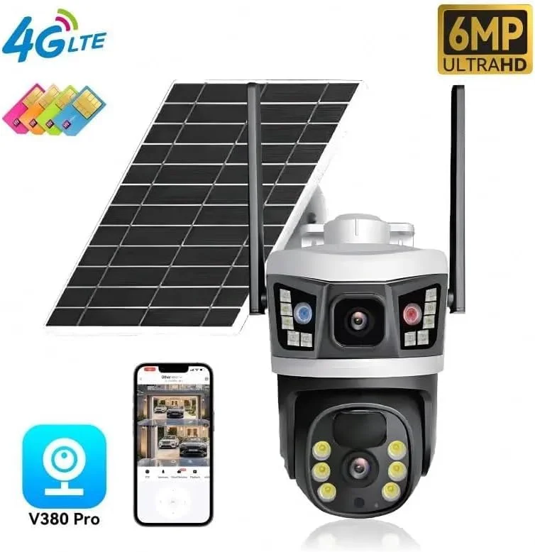 دوربین امنیتی خورشیدی بی‌سیم دو لنز V380 WiFi با قابلیت ردیابی خودکار، دوربین امنیتی فضای باز PTZ 4G GSM CCTV، دوربین PTZ هوشمند با انرژی خورشیدی