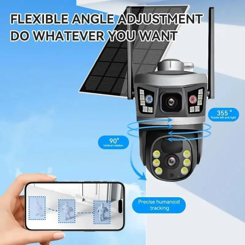 دوربین امنیتی خورشیدی بی‌سیم دو لنز V380 WiFi با قابلیت ردیابی خودکار، دوربین امنیتی فضای باز PTZ 4G GSM CCTV، دوربین PTZ هوشمند با انرژی خورشیدی