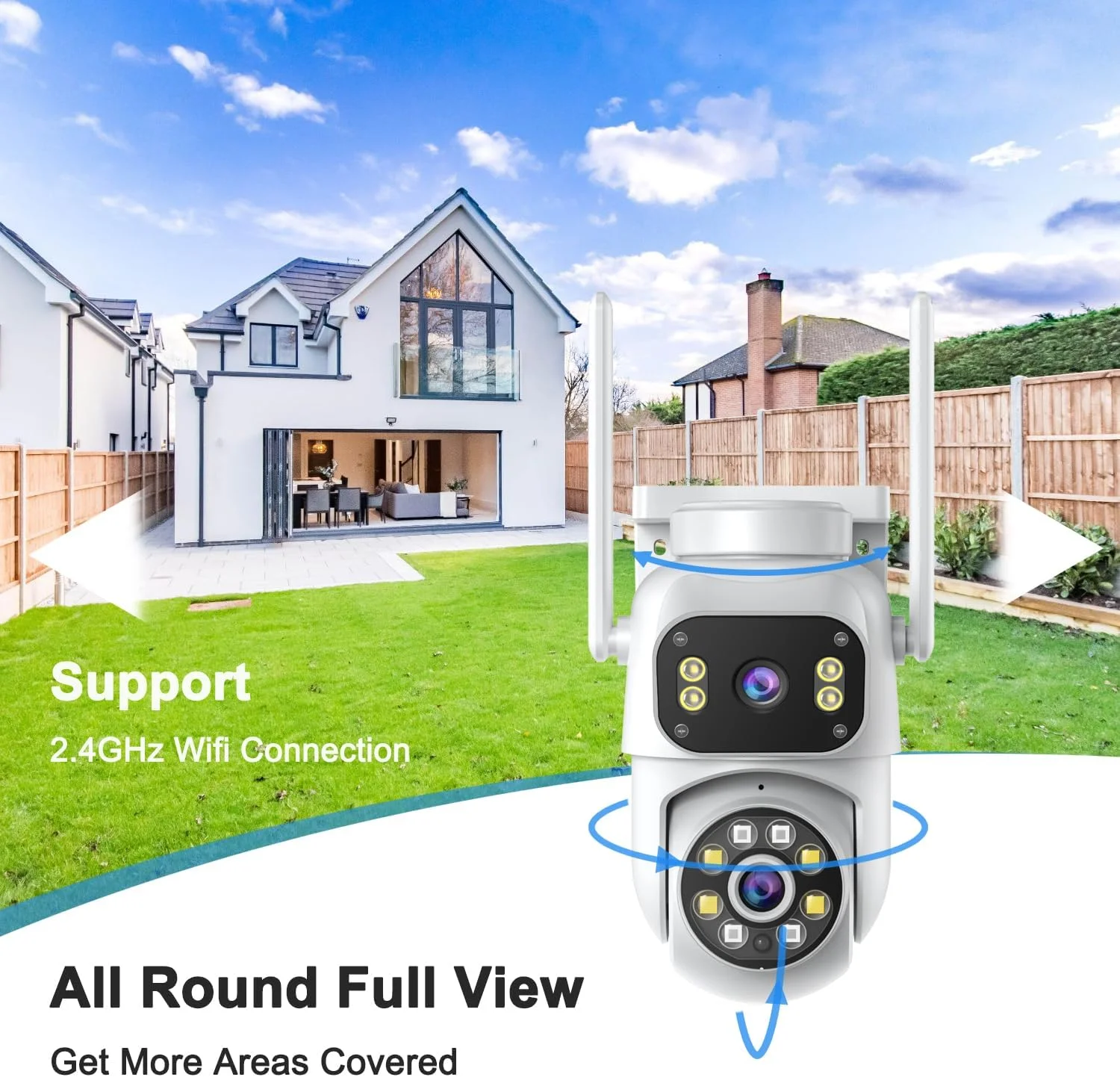 دوربین مداربسته بی‌سیم دو لنز، دوربین PTZ وای فای 2.4 گیگاهرتزی برای امنیت خانه، دید در شب رنگی، تشخیص انسان و ردیابی خودکار، صدای دو طرفه، ضد آب، دارای اسلات SD