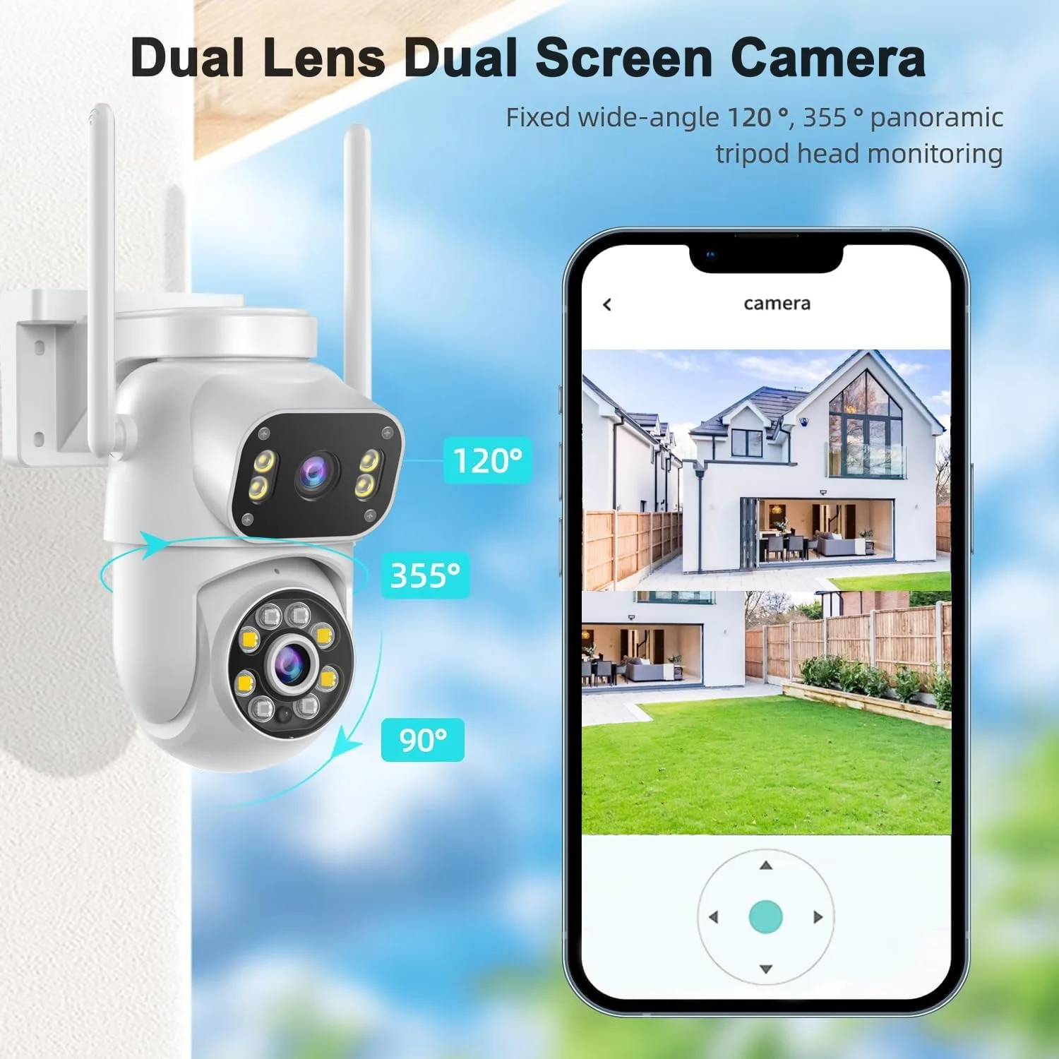 دوربین مداربسته بی‌سیم دو لنز، دوربین PTZ وای فای 2.4 گیگاهرتزی برای امنیت خانه، دید در شب رنگی، تشخیص انسان و ردیابی خودکار، صدای دو طرفه، ضد آب، دارای اسلات SD