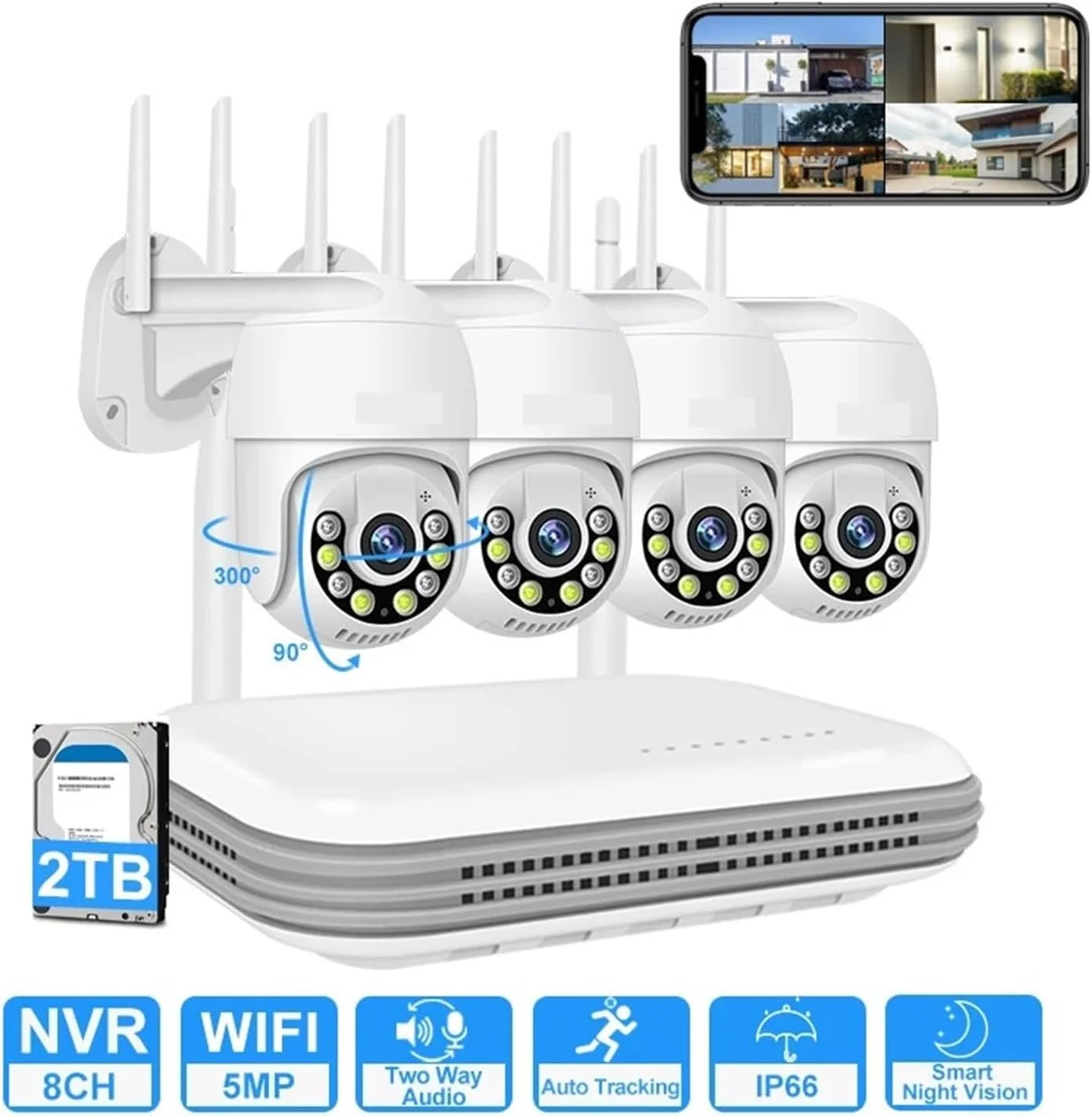 کیت دوربین مداربسته بی سیم 8 کانال NVR 5MP با صدای دو طرفه 1080P PTZ WiFi دید در شب رنگی مجموعه سیستم نظارت تصویری ICsee (8ch NVR X 2 Cam 5mp,2T)