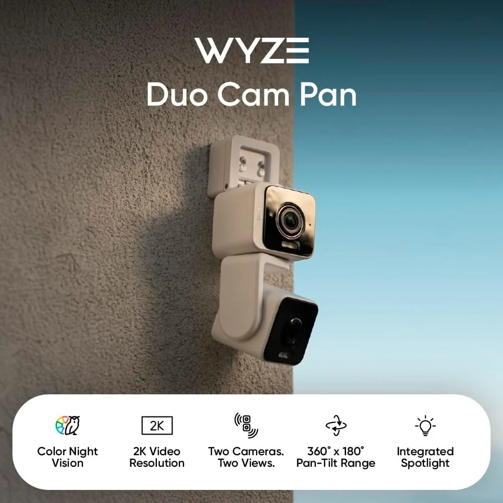 دوربین امنیتی هوشمند خانگی وایز Pan CAM Duo IP65 2K با دید در شب رنگی، سازگار با الکسا و دستیار گوگل، سفید