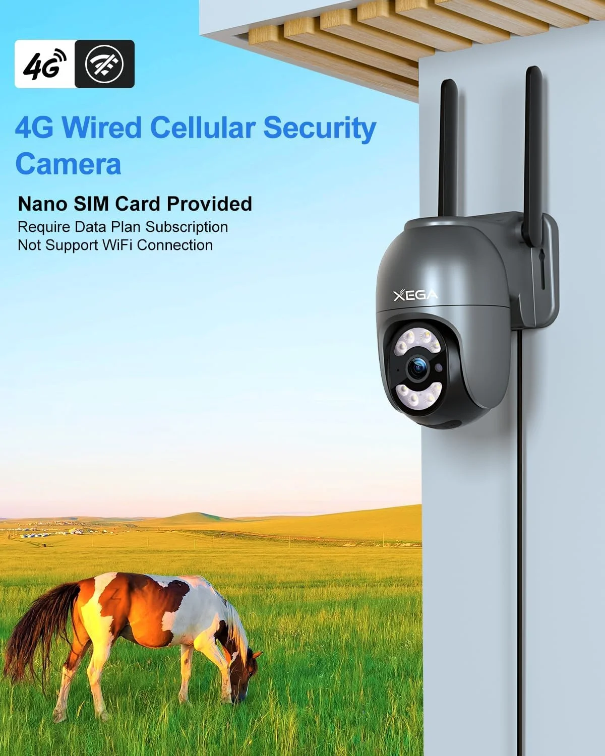 دوربین امنیتی 4G LTE Xega مناسب فضای باز با سیم کارت【ضبط 24/7】 دوربین امنیتی 2K با سیم 4G بدون نیاز به وای فای، IP PTZ CCTV ردیابی خودکار تشخیص انسان نورافکن آژیر هشدار TF فضای ابری IP66