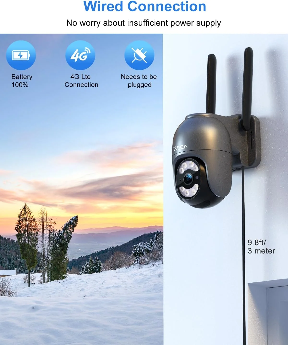 دوربین امنیتی 4G LTE Xega مناسب فضای باز با سیم کارت【ضبط 24/7】 دوربین امنیتی 2K با سیم 4G بدون نیاز به وای فای، IP PTZ CCTV ردیابی خودکار تشخیص انسان نورافکن آژیر هشدار TF فضای ابری IP66