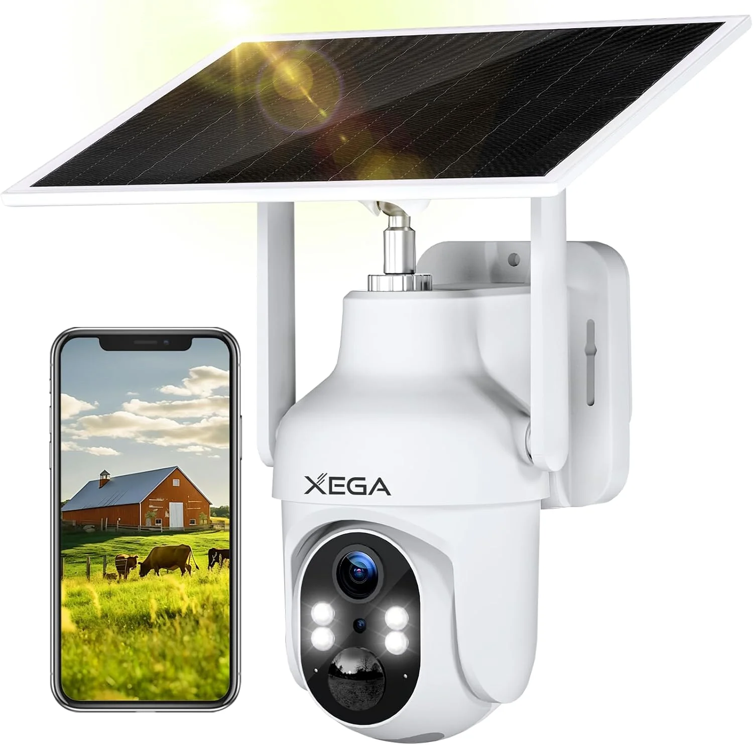 دوربین خورشیدی 4G LTE Xega با سیم کارت، دوربین 2K HD PTZ بیرونی با پنل خورشیدی 6 واتی، باتری 10400 میلی آمپری، نورافکن و آژیر، دید در شب رنگی، تشخیص انسان PIR، ذخیره سازی TF/Cloud IP66