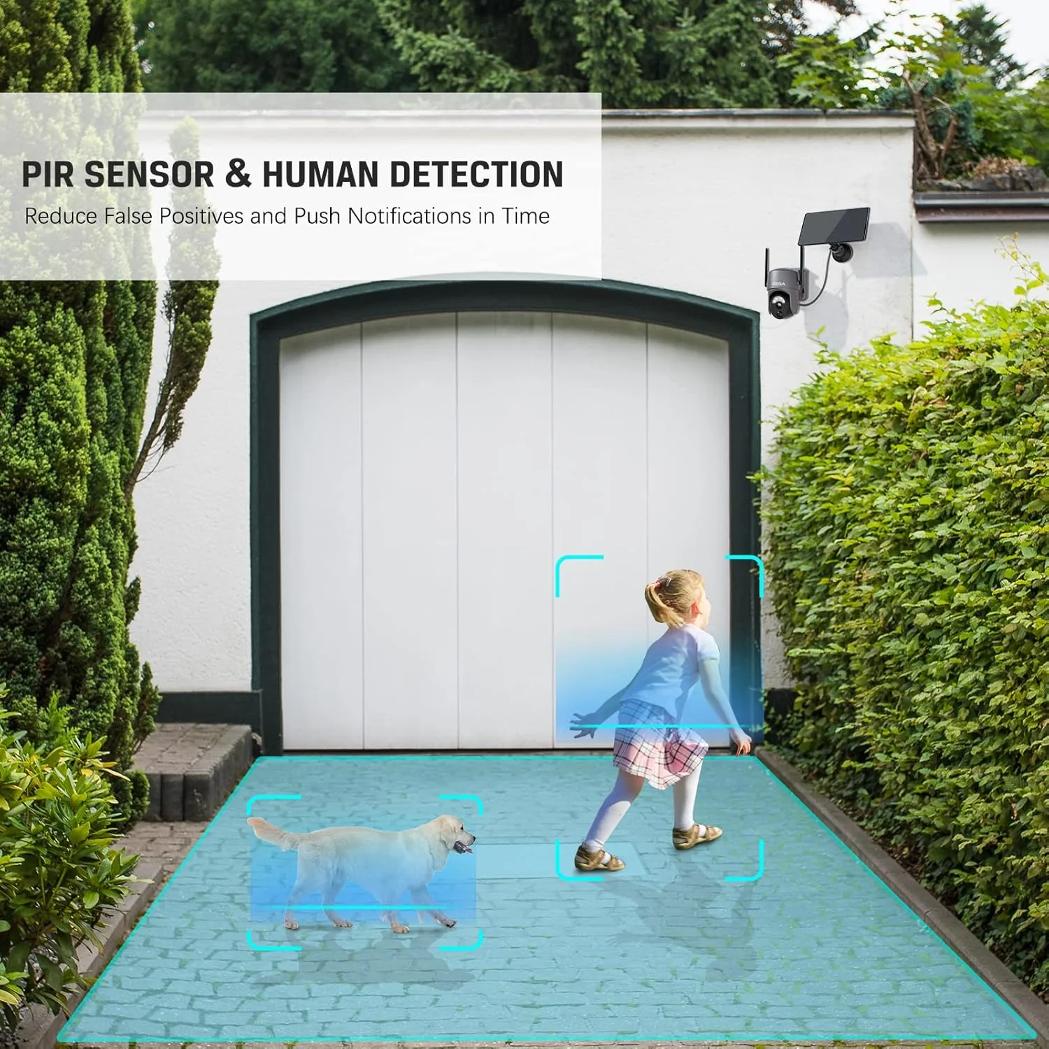 دوربین امنیتی بی سیم فضای باز Xega، 2K 360° PTZ، دوربین های امنیتی خورشیدی، نظارت تصویری WiFi 2.4G با نورافکن و آژیر، دید در شب رنگی، تشخیص حرکت هوش مصنوعی، مکالمه 2 طرفه، IP66