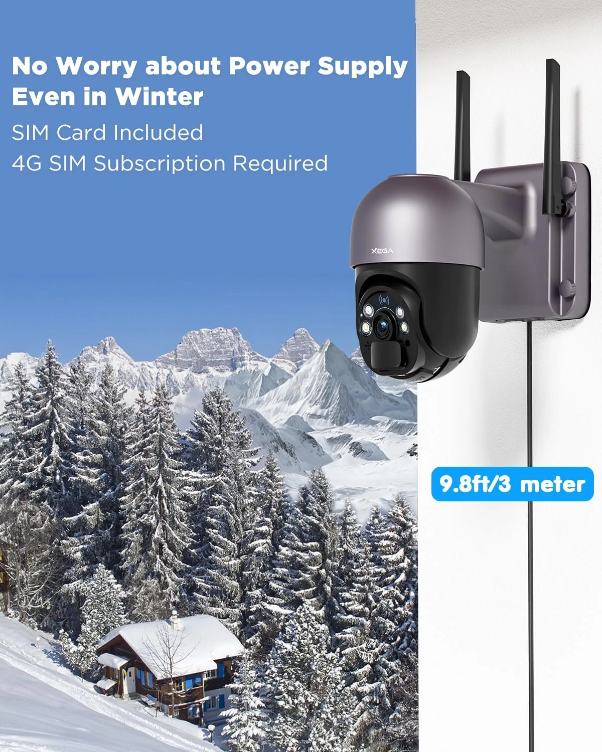 دوربین امنیتی 4G LTE Xega با پنل خورشیدی 20 واتی و باتری 20000 میلی آمپری به همراه سیم کارت - ضبط 24 ساعته، دوربین امنیتی خورشیدی بی سیم بیرونی، دید در شب رنگی 2K HD، تشخیص حرکت PIR، IP66