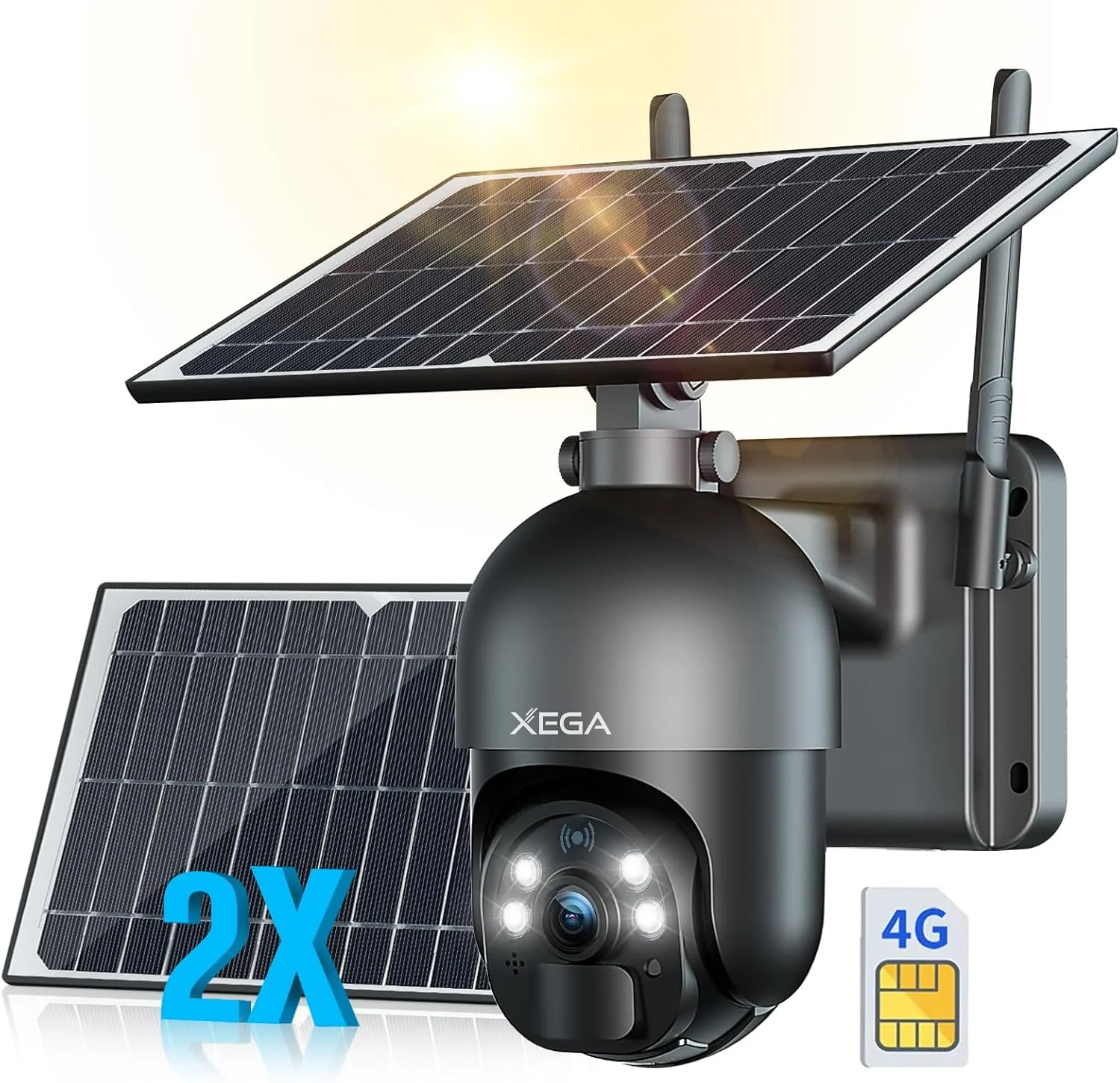 دوربین مداربسته خورشیدی 3G/4G LTE فضای باز Xega با سیم کارت 2K HD 3MP PTZ بی سیم، تشخیص PIR، دید در شب رنگی/مادون قرمز، صدای دو طرفه، پشتیبانی از کارت حافظه ابری و TF، ضد آب IP66