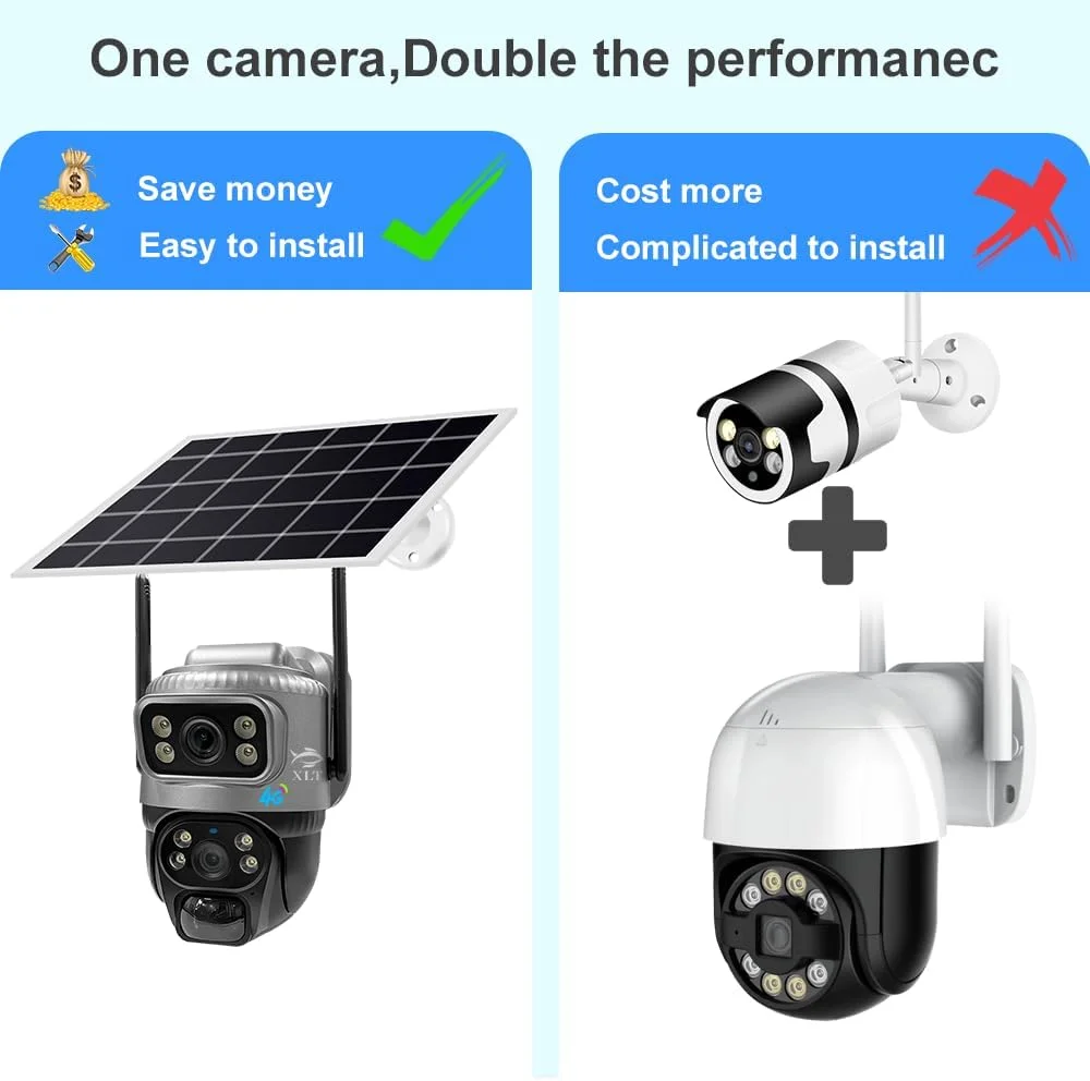 دوربین خورشیدی سیم کارت خور 4G مدل PTZ با دید 360 درجه، دوربین امنیتی خورشیدی فضای باز با لنز دوگانه، دید در شب، تشخیص انسان با هوش مصنوعی، صدای دو طرفه، IP66 سازگار با برنامه ها - 3 مگاپیکسل