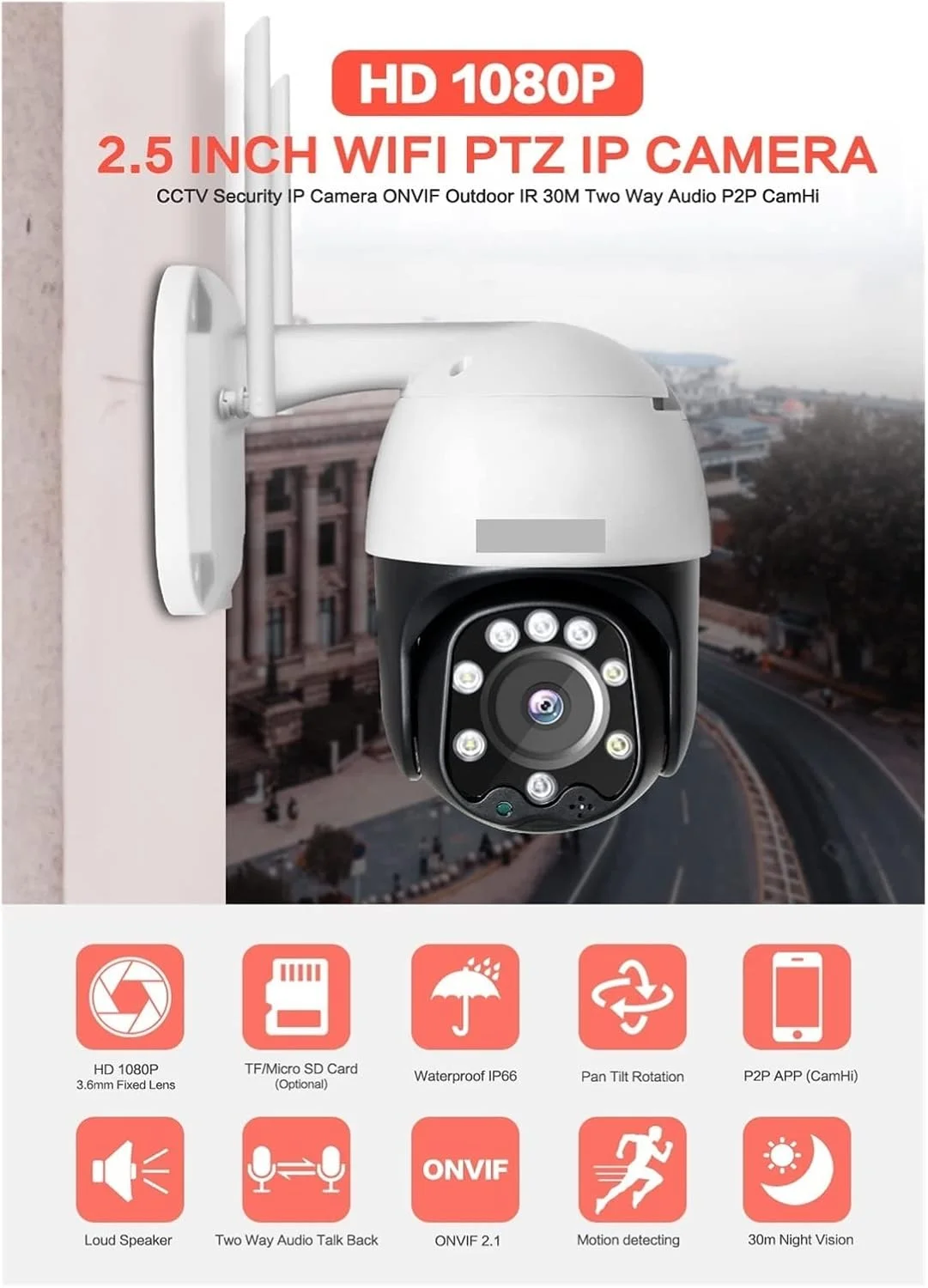 دوربین مداربسته بی‌سیم خورشیدی امنیتی ZAIED، مینی PTZ IP WIFI اسپید دام 2 مگاپیکسل CCTV، دید در شب 30 متری، صدای دو طرفه P2P برای امنیت خانه (رنگ: 3.6mm، اندازه: 1080P بدون برق)